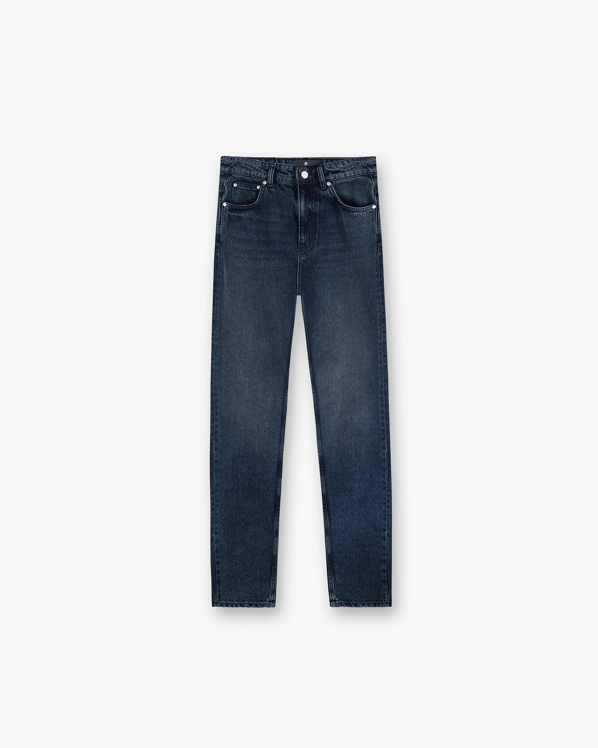 Front product image of womens dark blue jeans on a plain white background | High Rise Straight Jean in Dark Blue | Straight leg jeans with high rise fit | Womens SS25 Jeans | Represent Clo