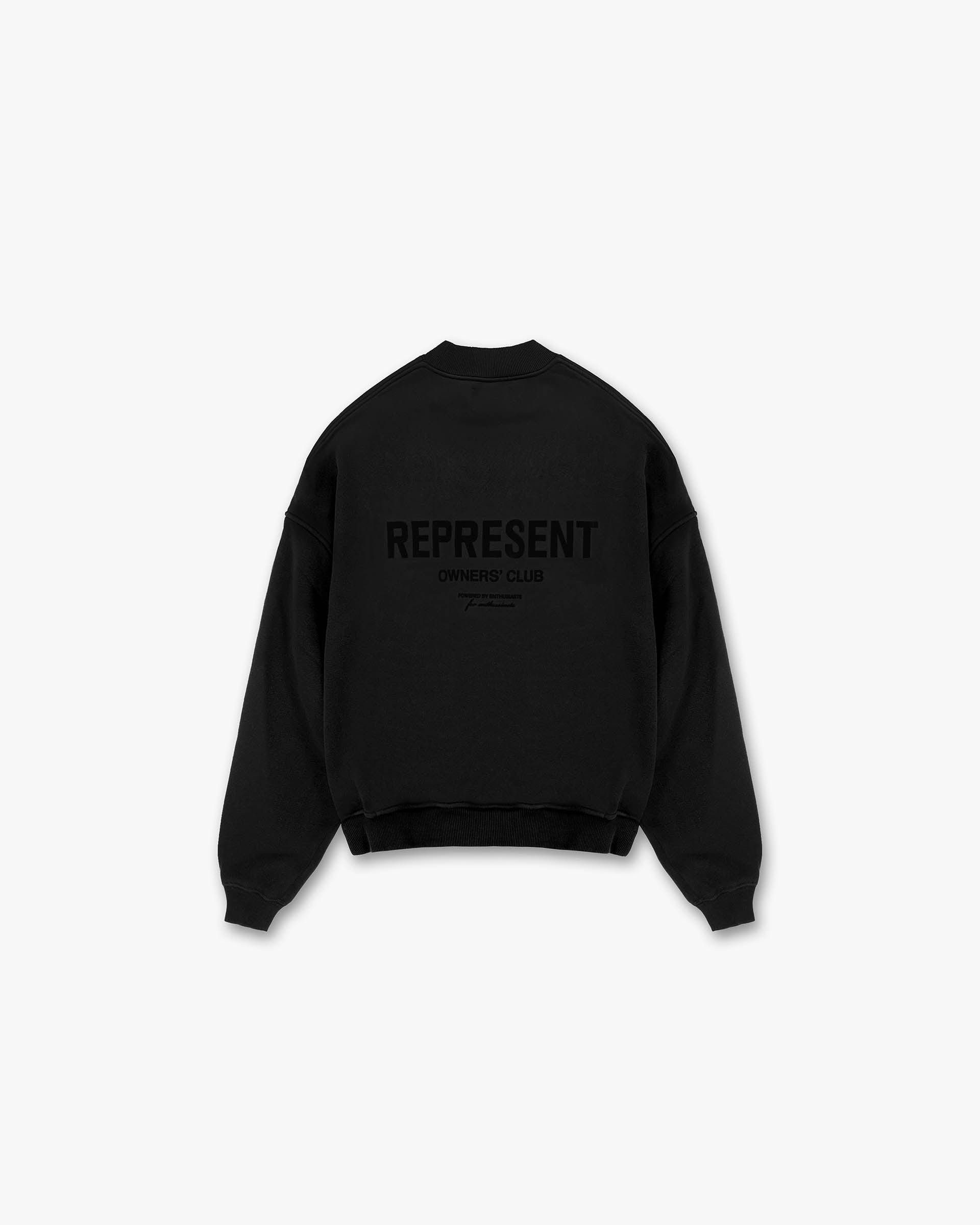 Front product image of a mens black sweater on a plain white background | Represent Owners Club Flocked Sweater in Black | Sweater with funnel neck and subtle wadded finish | Owners Club Sweaters | Represent Clo