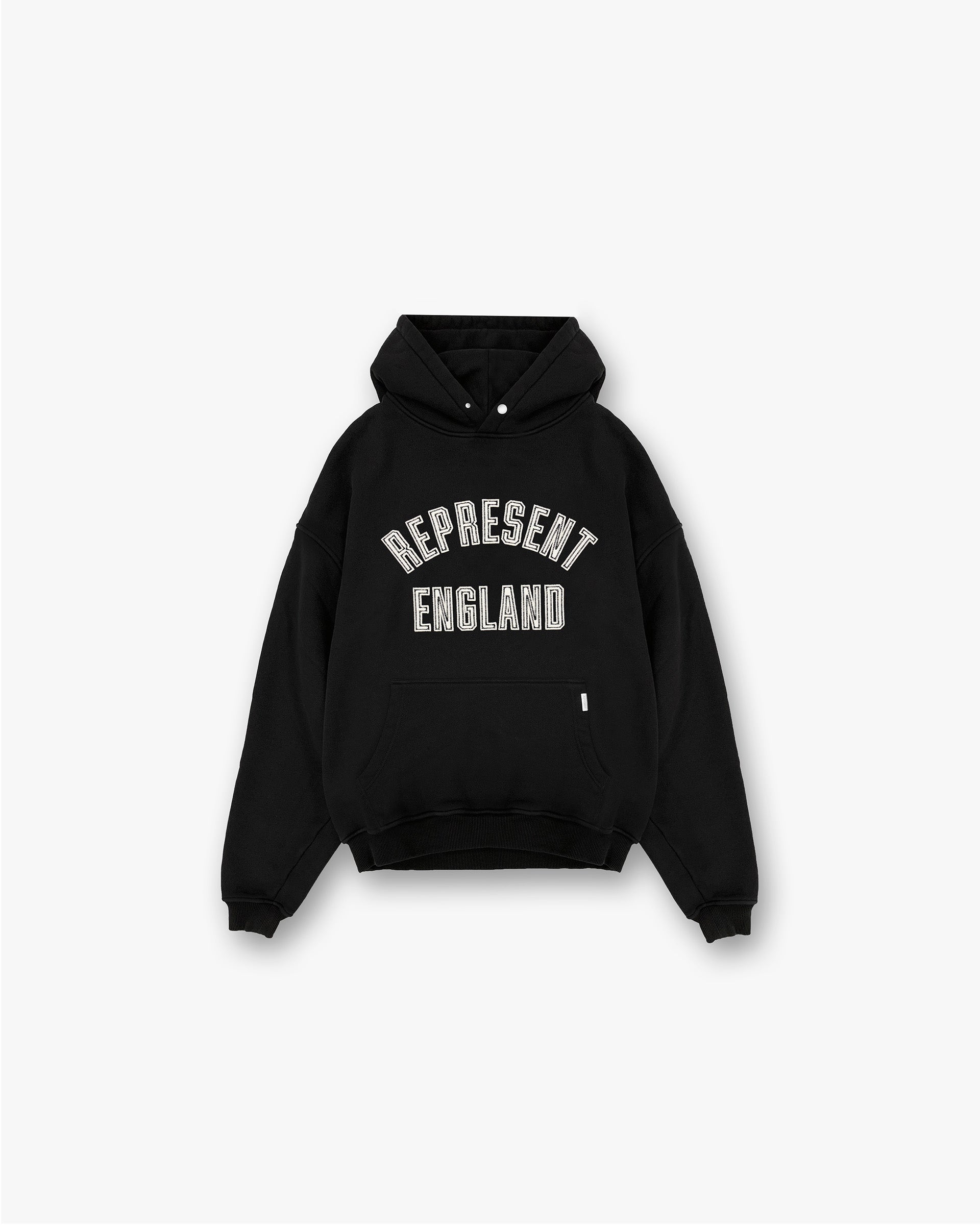 Front product image of a mens black hoodie on a plain white background | England Applique Hoodie in Jet Black | Heavy weight jersey cotton hoodie with St Michaels graphic | PRE SS25 Hoodies | Represent Clo