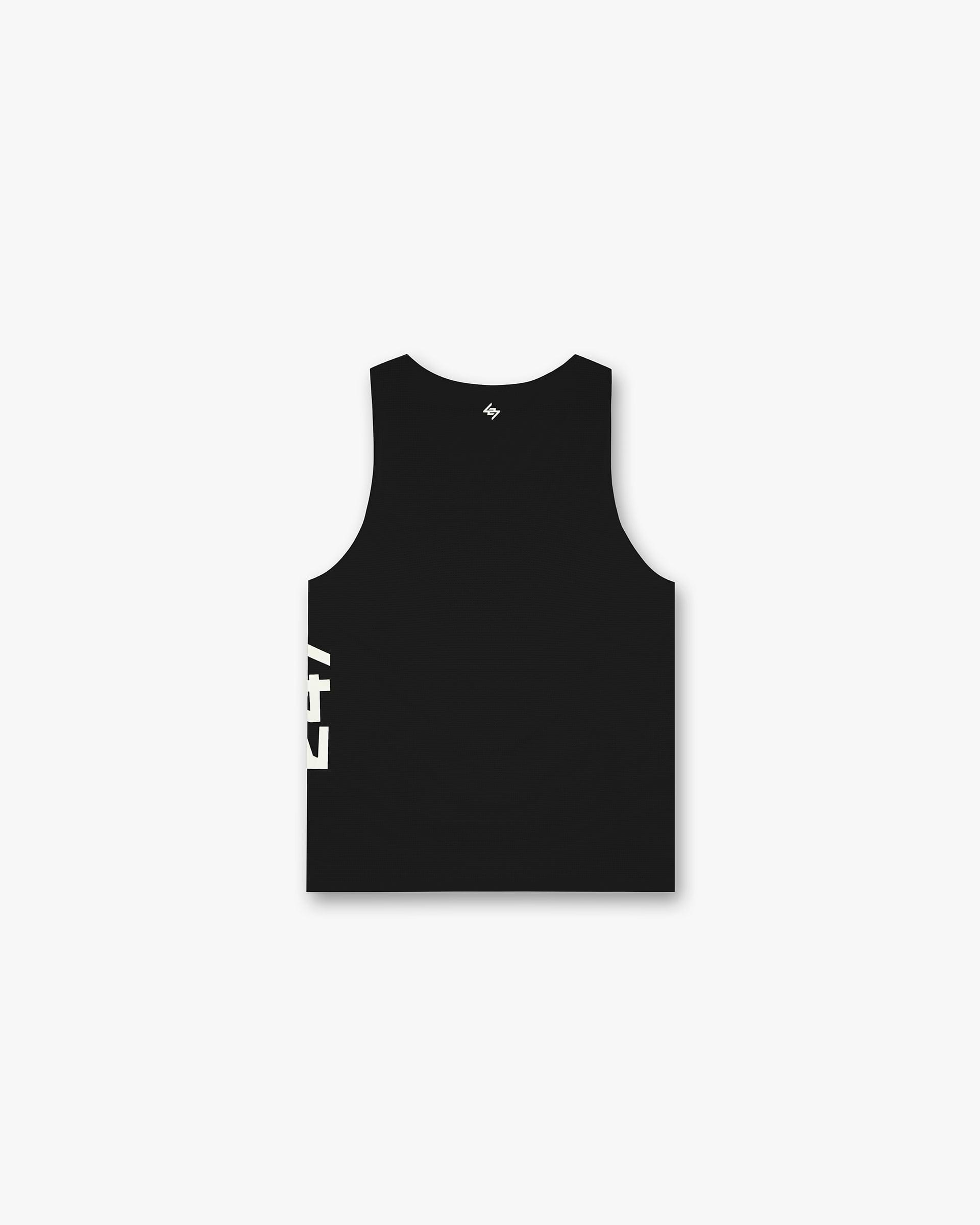 Back product image of a mens black singlet on a plain white background | 247 Singlet in Jet Black | Perforated training vest with bonded hems | 247 T-Shirts | Represent Clo