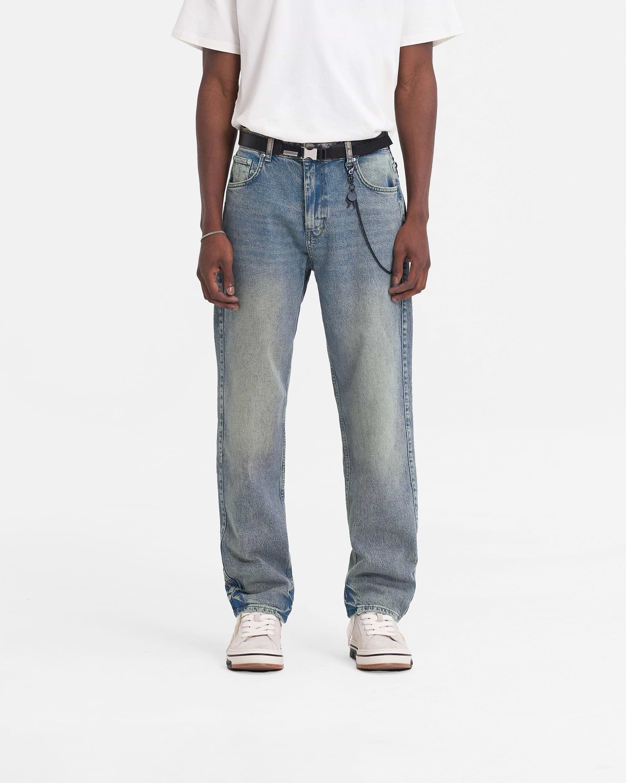 Back product image of mens blue denim jeans on a plain white background | R2 Straight Leg Denim in Blue Cream | Straight leg jeans with zip fly and branded rivets | FW23 Denim | Represent Clo