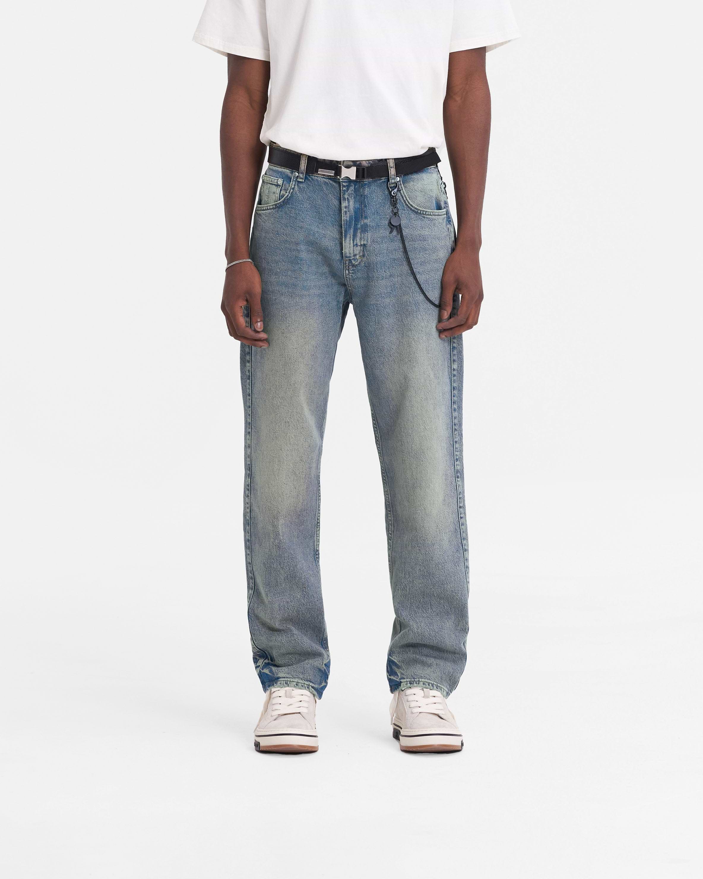 Back product image of mens blue denim jeans on a plain white background | R2 Straight Leg Denim in Blue Cream | Straight leg jeans with zip fly and branded rivets | FW23 Denim | Represent Clo