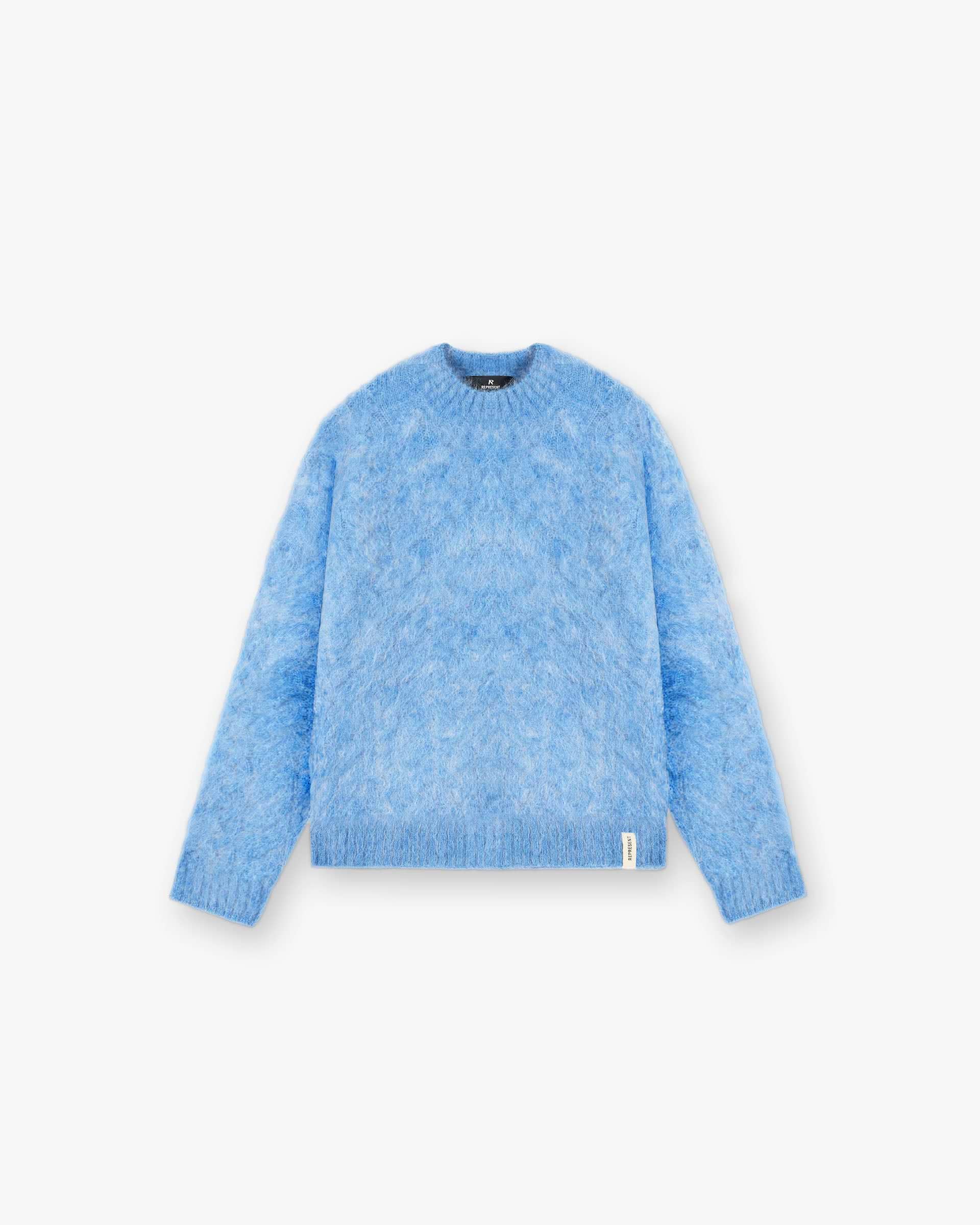 Front product image of a mens electric blue knit sweater on a plain white background | Cable Knit Sweater in Electric Blue | Heavy weight knitwear with ribbed collar and cuffs | FW24 Knitwear | Represent Clo