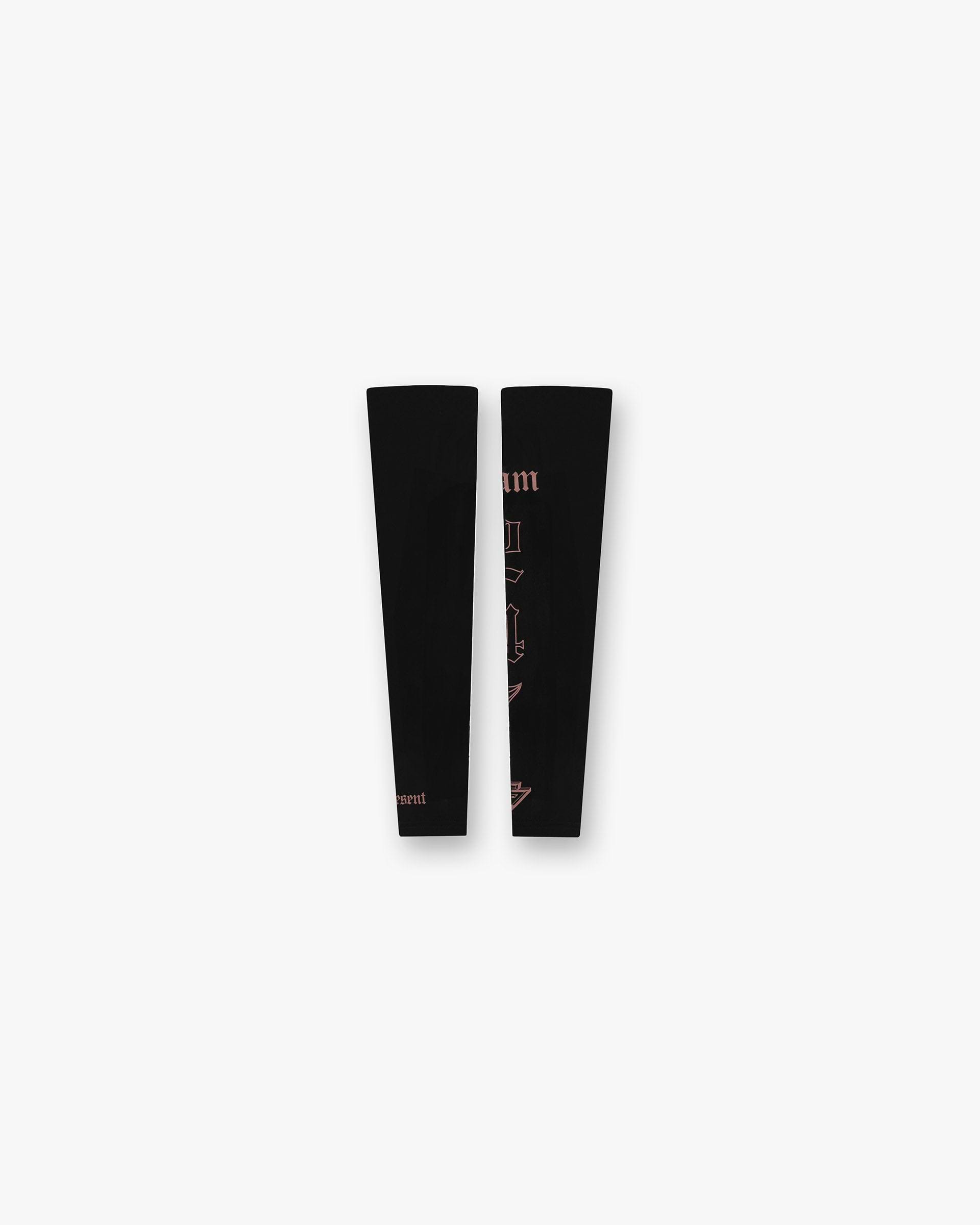 Back product image of black arm warmers on a plain white background | WG247 Arm Warmers in Black | Running sleeves with gothic inspired typography | 247 Accessories | Represent Clo