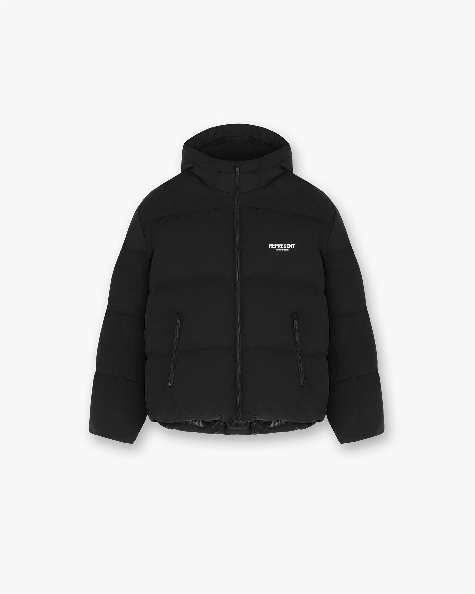 Front product image of a mens black puffer jacket on a plain white background | Represent Owners Club Hooded Puffer Jacket in Black | Slightly oversized hooded puffer jacket with Cobrax popper | Owners Club Outerwear | Represent Clo