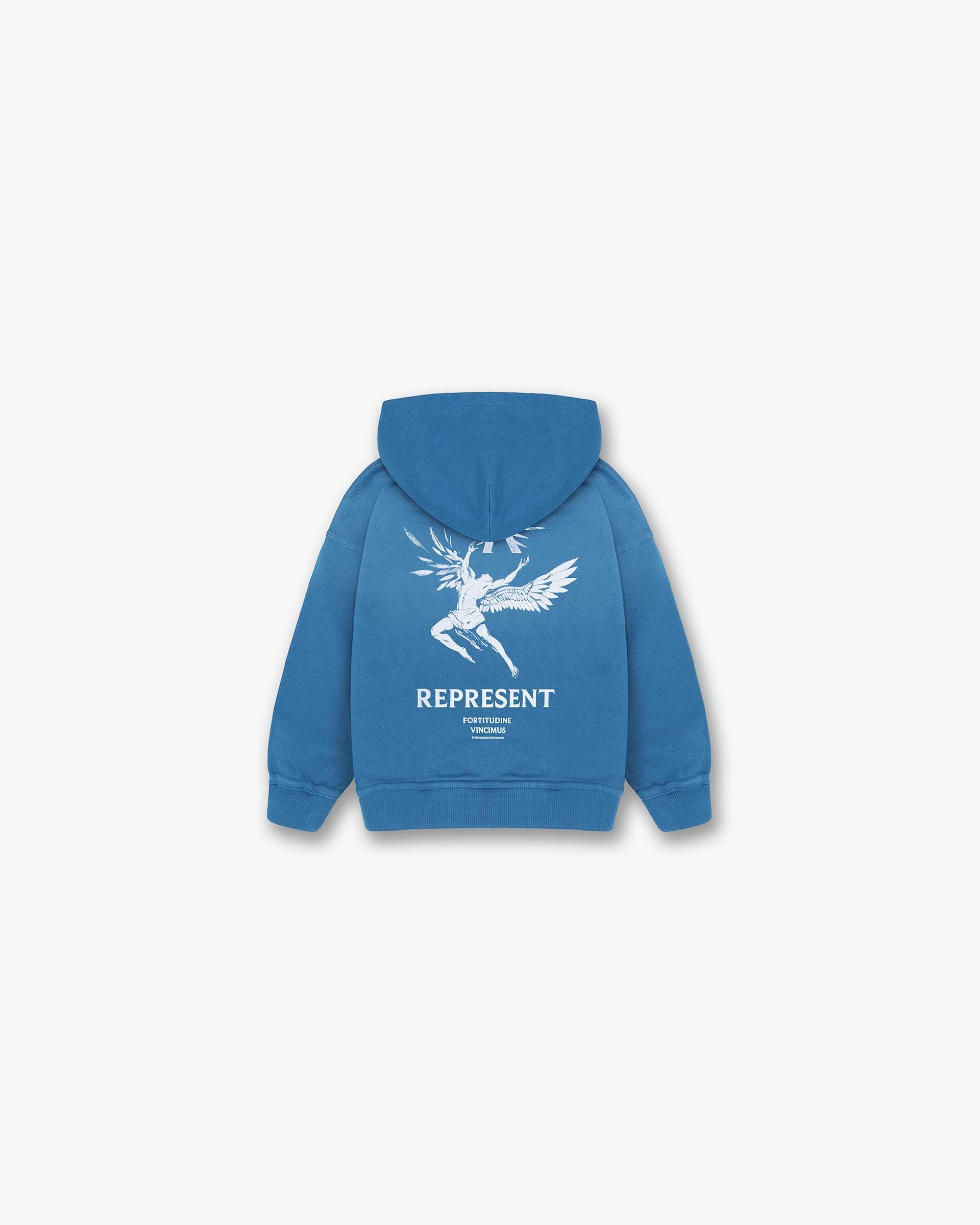 Back product image of a childs blue hoodie on a plain white background | Mini Icarus Hoodie in Sky Blue | Slightly oversized kids hoodie with graphic print | Mini Hoodies | Represent Clo