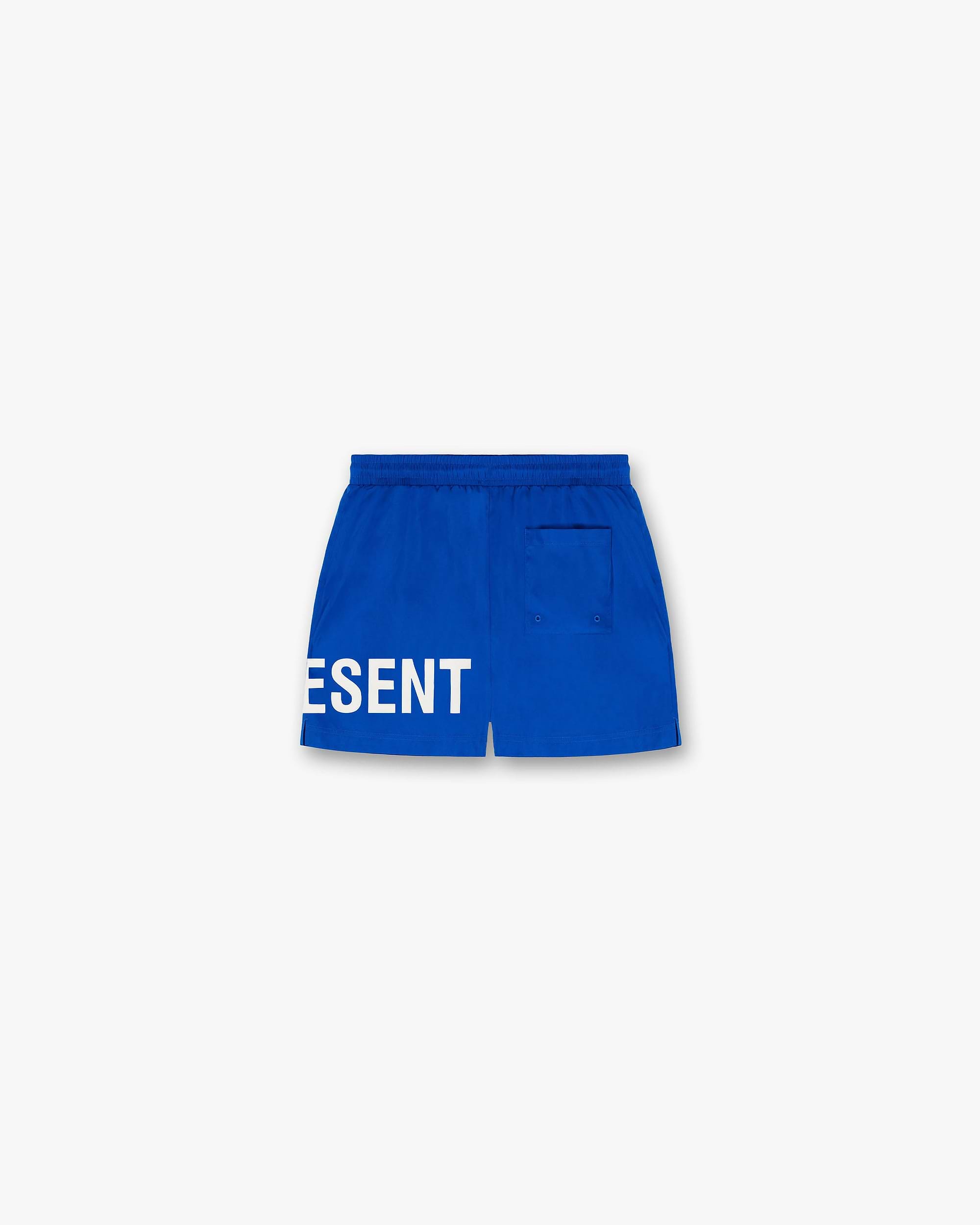 Back product image of mens blue swim shorts on a plain white background | Swim Shorts in Cobalt | Swim shorts with elasticated waistband and logo print | SC23 Shorts | Represent Clo