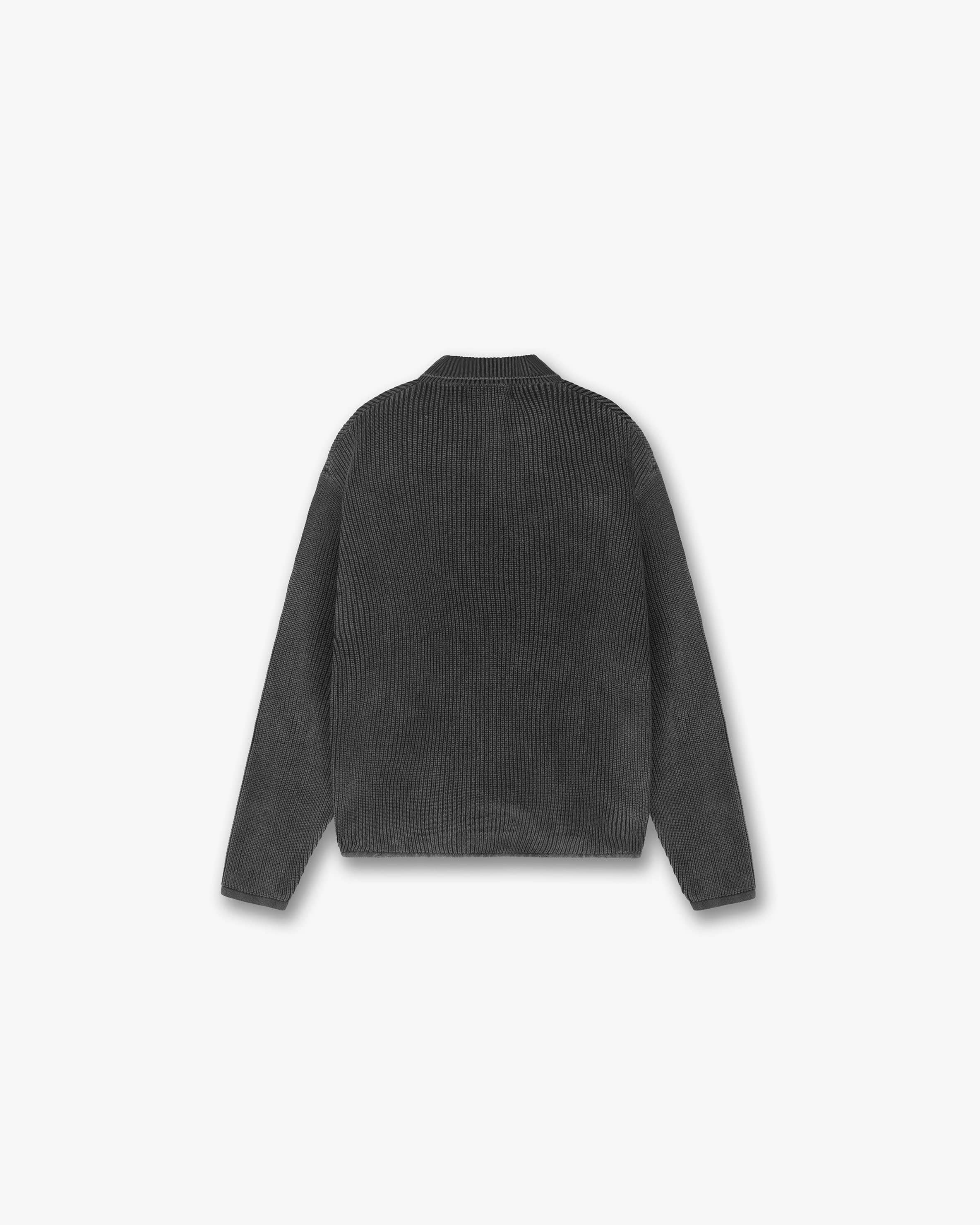 Back product image of a mens black oversized knit polo on a plain white background | Ribbed Knit Oversized Polo in Washed Black | Long sleeve oversized polo with loose hem and open neck | PRE SS24 Knitwear | Represent Clo