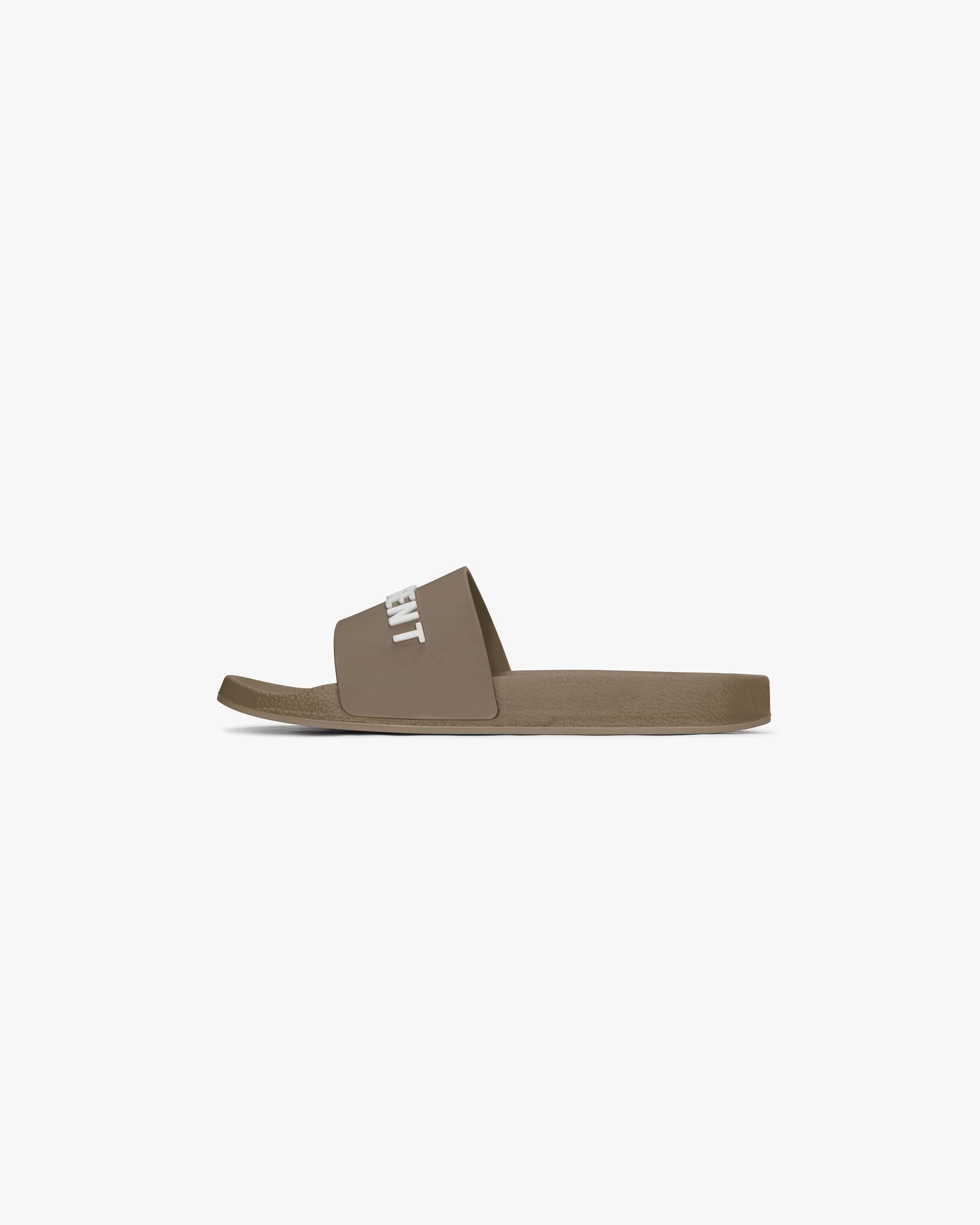 Back product image of mens cashmere slides on a plain white background | Represent Pool Slide in Cashmere | Slides with raised Represent logo and soft footbed | FW24 Footwear | Represent Clo