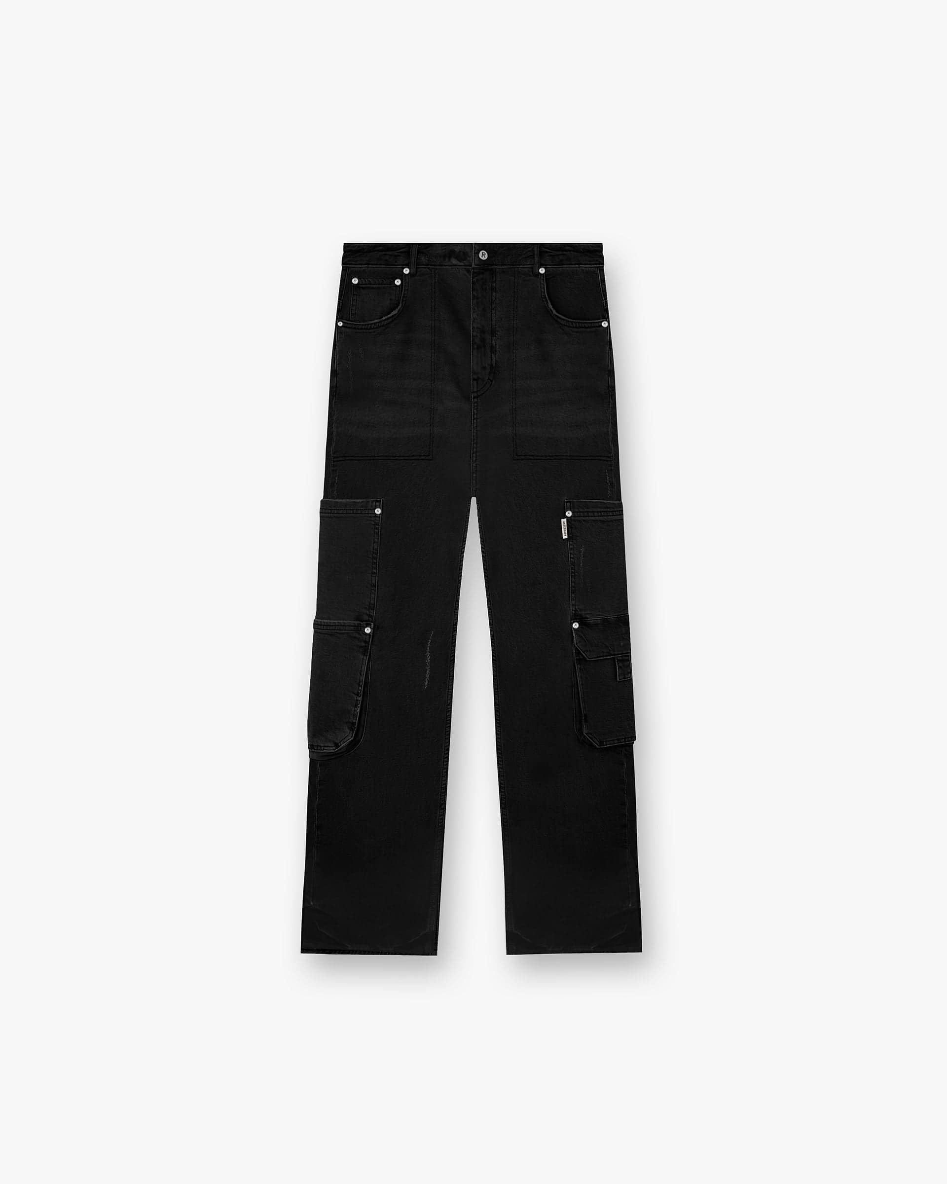 Front product image of mens black denim on a plain white background | R3 Workshop Denim in Black | Slim fit denim with elasticated waistband and zip cuffs | FW24 Denim | Represent Clo