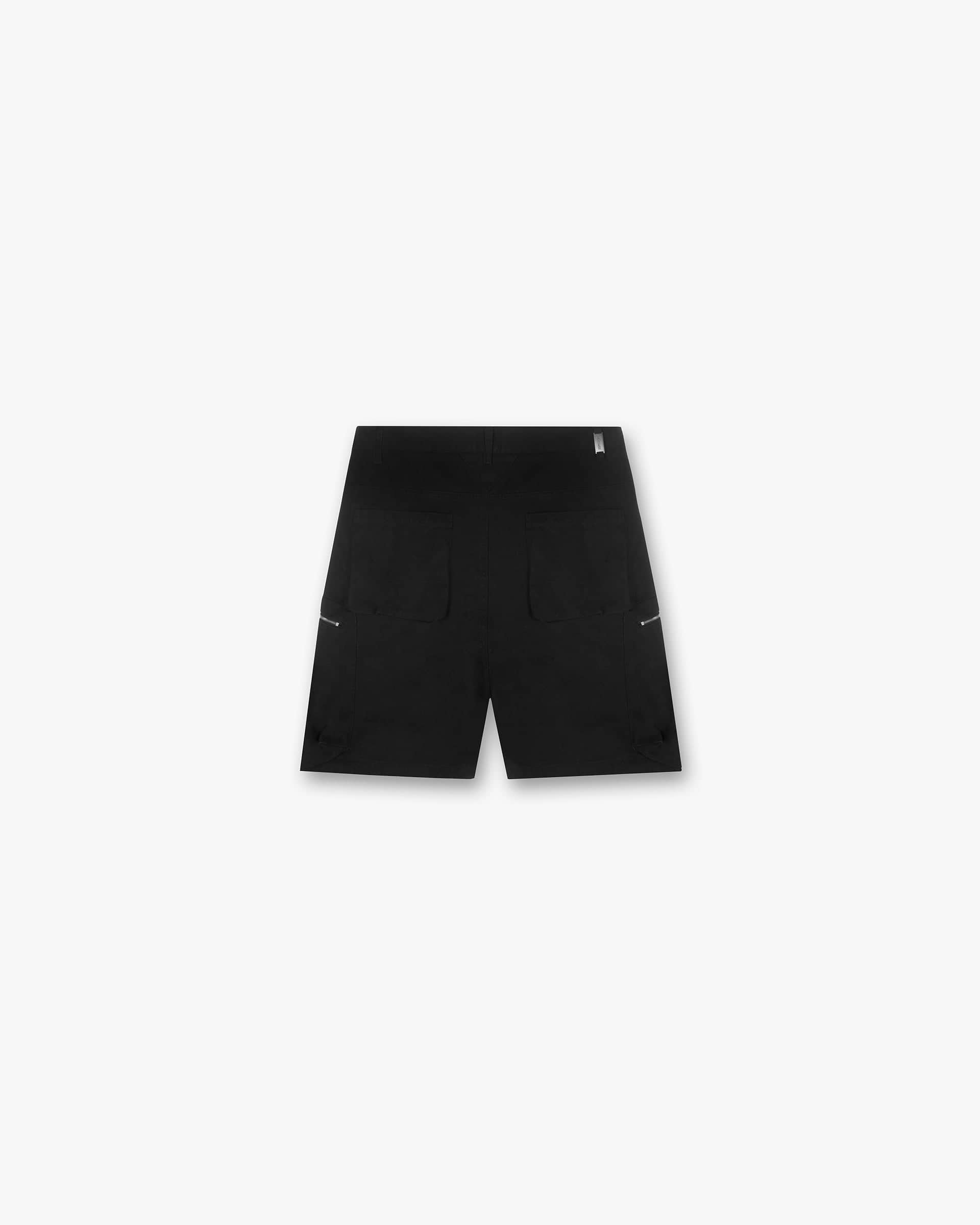 Back product image of mens black shorts on a plain white background | Workshop Short in Black | Baggy fit shorts with cargo and 3D back pockets | SS24 Shorts | Represent Clo