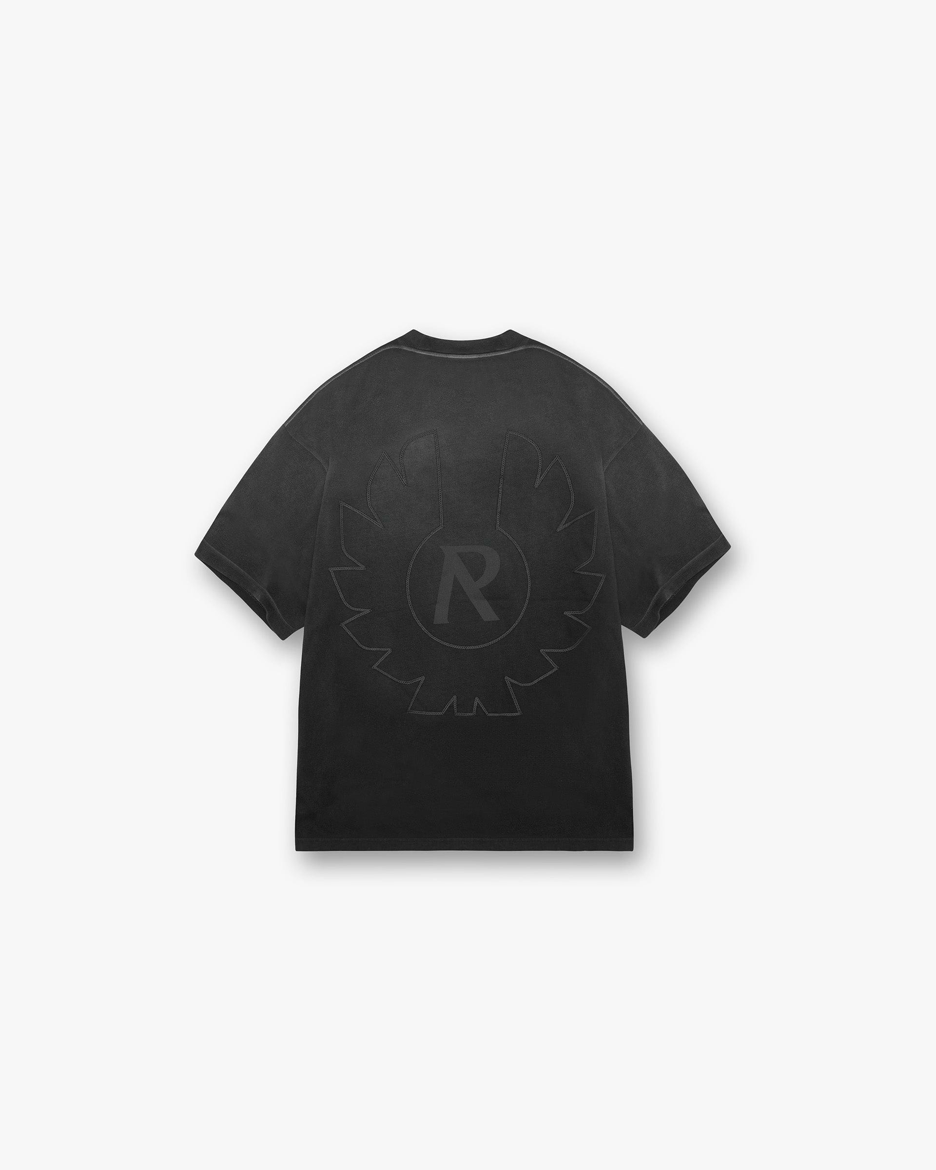 Back product image of a mens black t-shirt on a plain white background | Represent X Belstaff Outline Phoenix T-Shirt in Shadow | T-Shirts with embroidered logos | Exclusives T-Shirts | Represent Clo