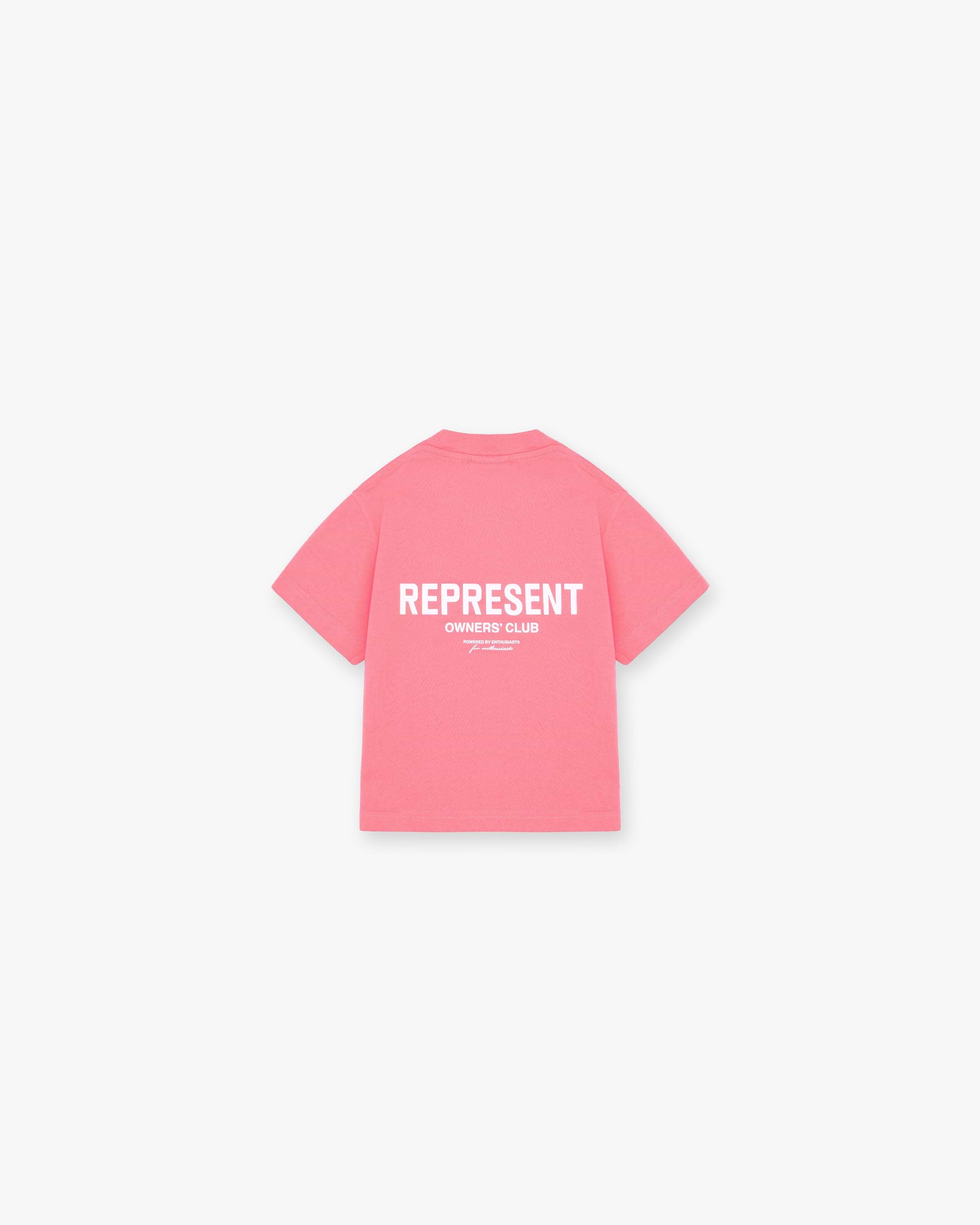 Front product image of a kids pink t-shirt on a plain white background | Represent Mini Owners Club T-Shirt in Bubblegum Pink | Graphic t-shirt with Owners Club logo | Mini Owners Club T-Shirts | Represent Clo