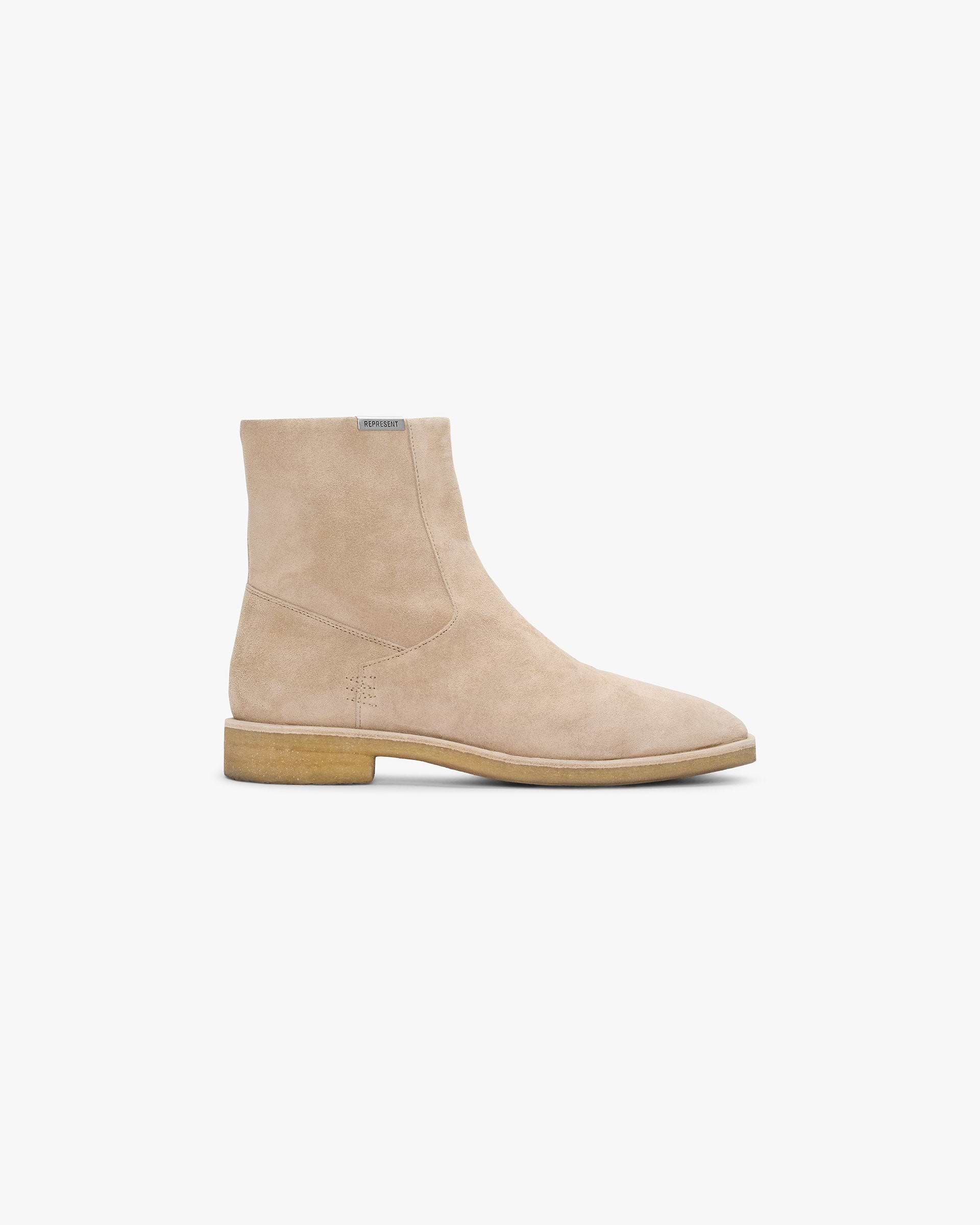 Front product image of mens sand boots on a plain white background | Crepe Chelsea Boot in Sand | Chelsea boots with crepe sole | SS25 Footwear | Represent Clo