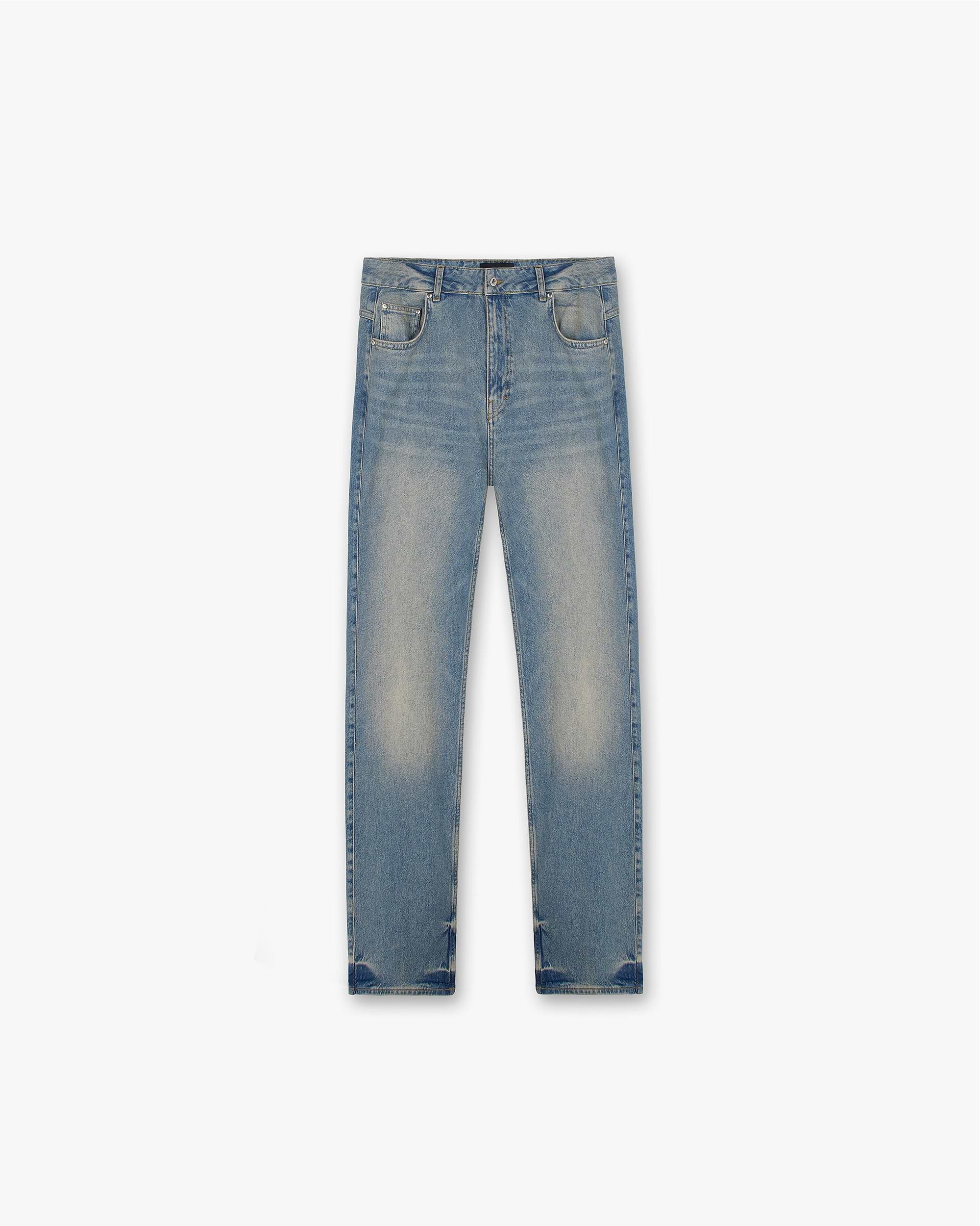 Front product image of mens blue denim on a plain white background | R2 Straight Leg Denim in Blue Cream | Straight leg denim jeans | FW23 Denim | Represent Clo
