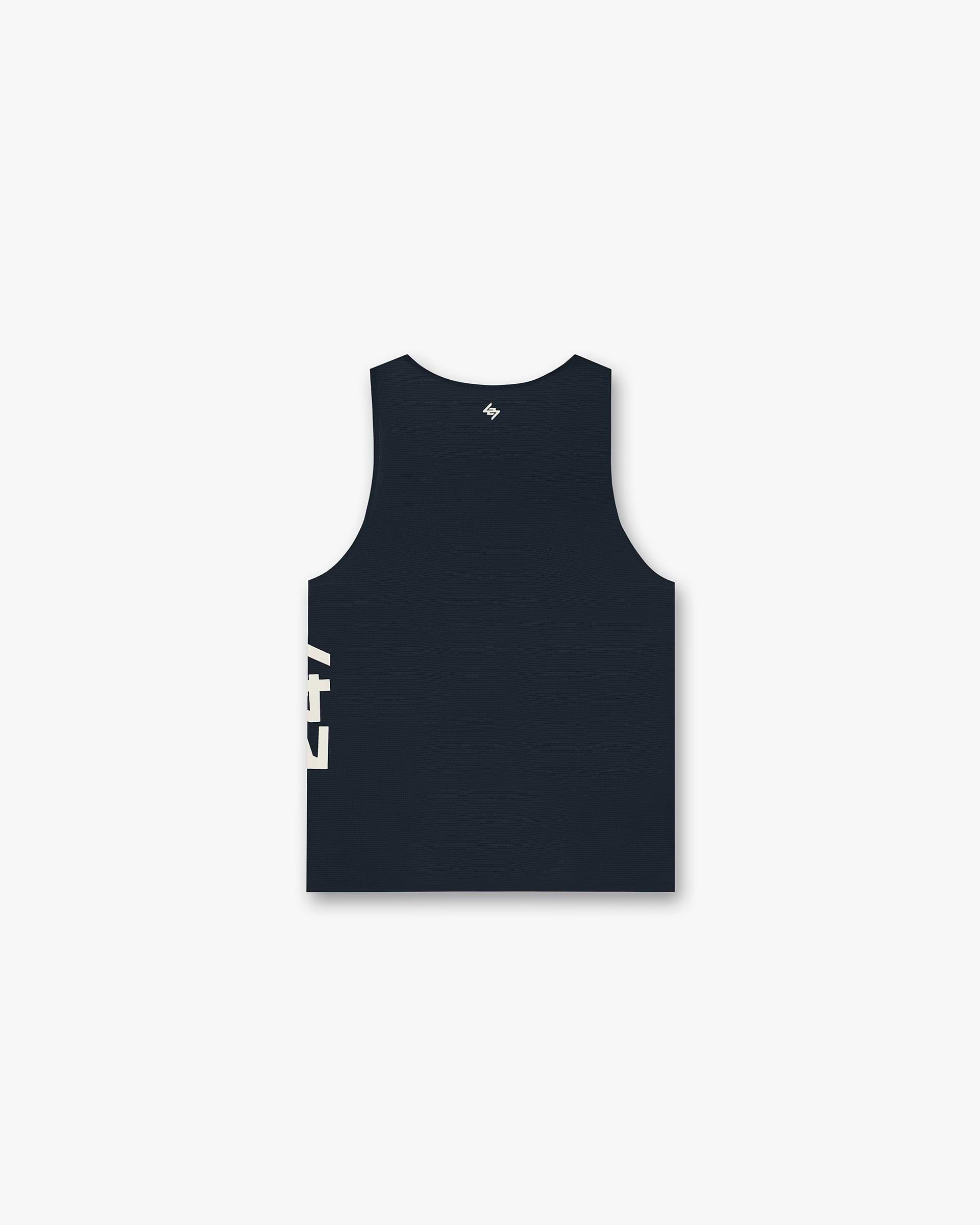 Back product image of a mens navy training vest on a plain white background | 247 Singlet in Navy | Perforated singlet with bonded hems and flatlock seams | 247 T-Shirts | Represent Clo