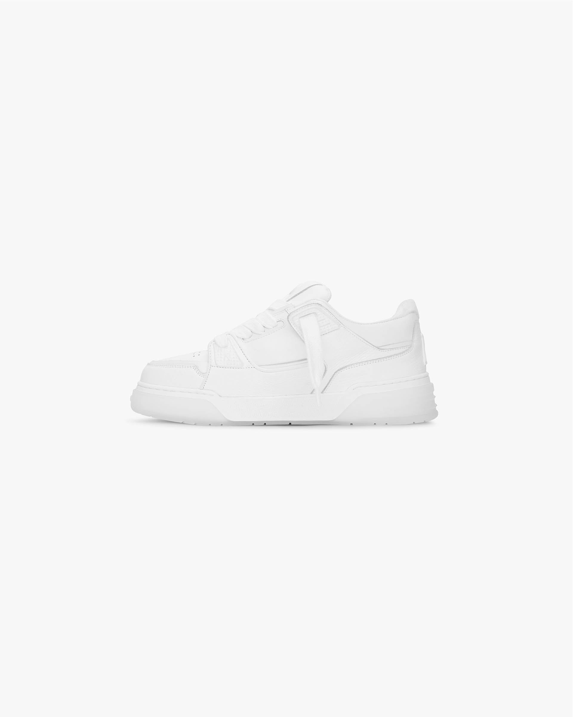 Close-up of Studio Sneaker in white leather on a plain white background | Studio Sneaker in Flat White | Leather sneaker with rubber outsole and TPU trims | SS24 Footwear | Represent Clo