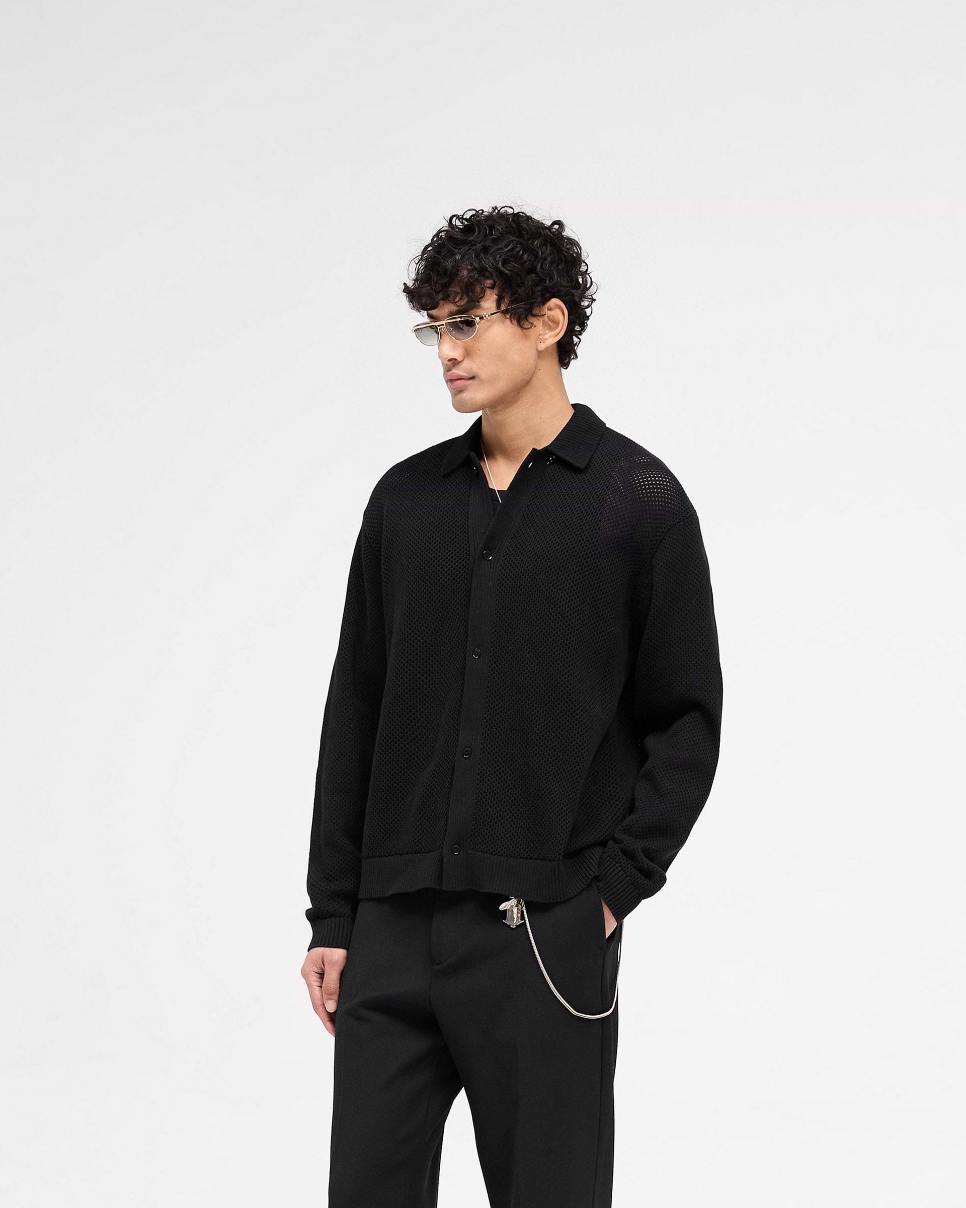 Back product image of a mens black mesh knit shirt on a plain white background | Long Sleeve Mesh Knit Shirt in Jet Black | Button up oversized fit knitwear | SS25 Knitwear | Represent Clo