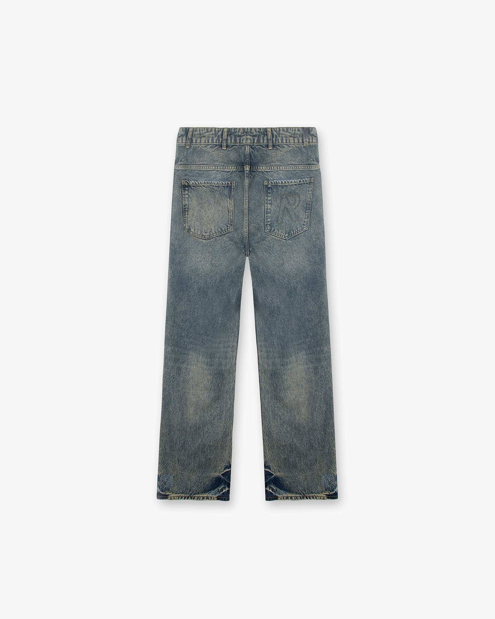Back product image of mens blue cream denim jeans on a plain white background | R3D Double Destroyer Baggy Denim in Blue Cream | Baggy fit distressed jeans with rips and embroidered Initial | SS24 Denim | Represent Clo