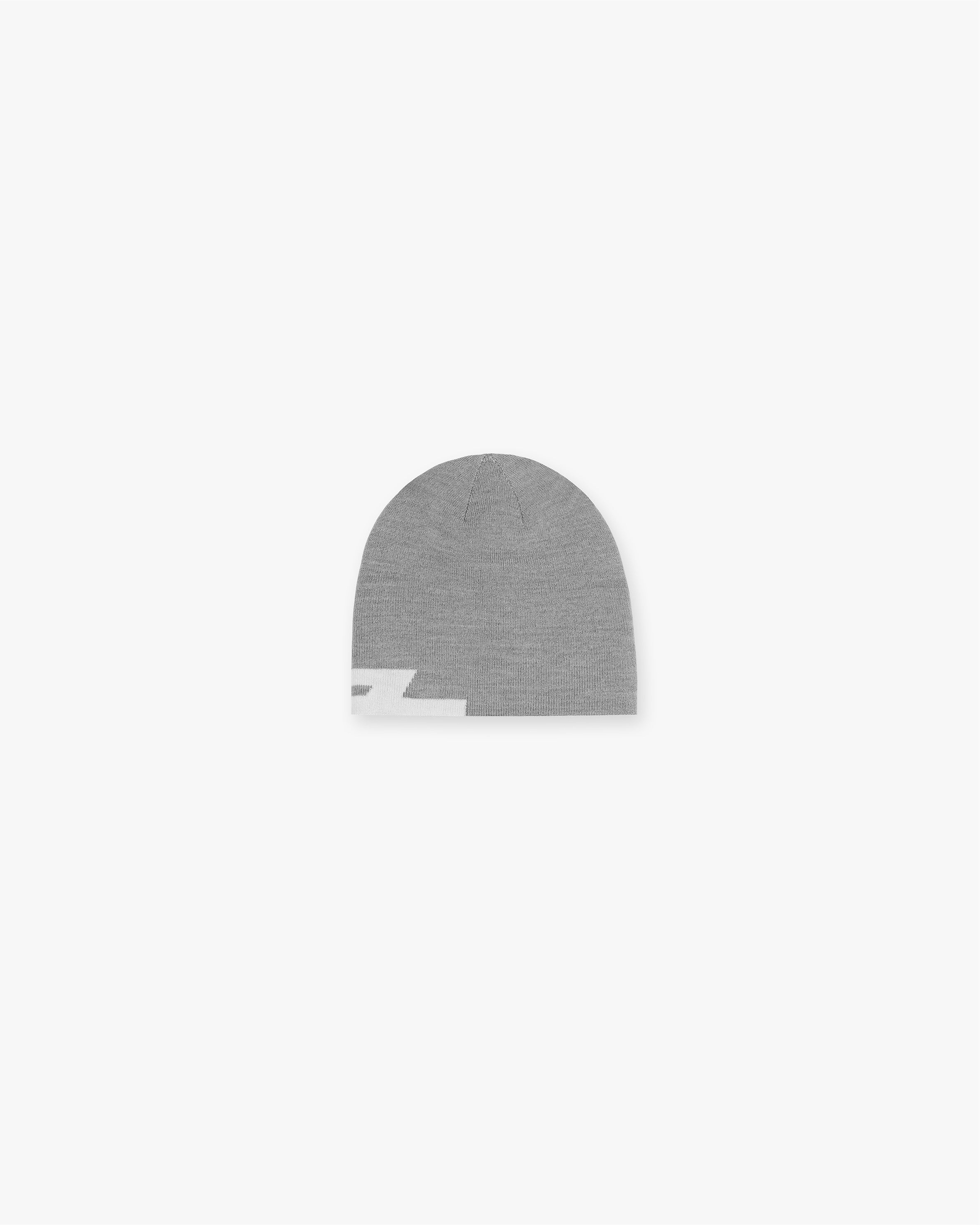 Back product image of a mens grey beanie on a plain white background | 247 Logo Beanie in Ash Grey | Wool blend beanie with cutoff 247 logo | 247 Accessories | Represent Clo