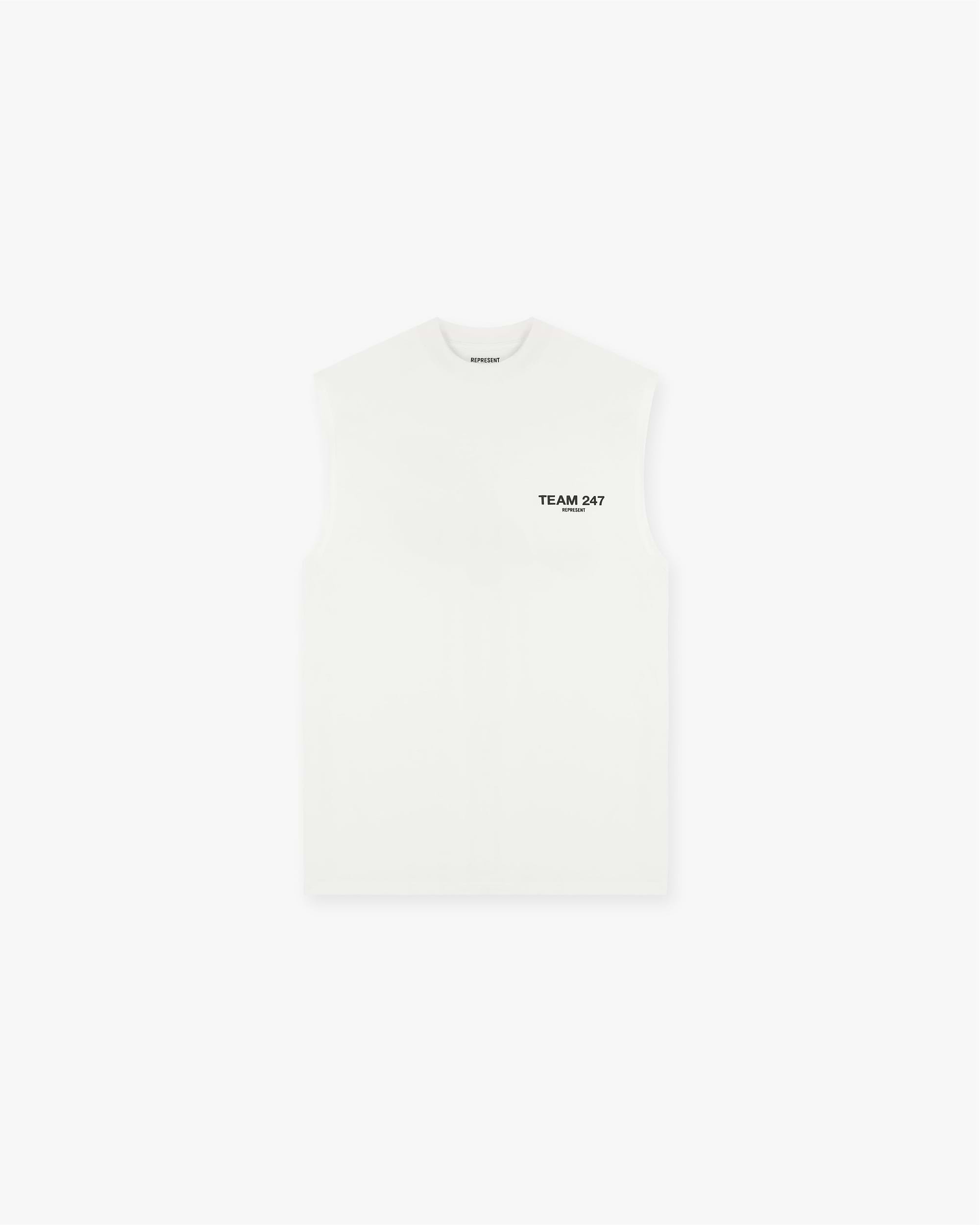 Front product image of a mens white oversized tank on a plain white background | Team 247 Oversized Tank in Flat White | Oversized fit tank with script graphic | 247 T-Shirts | Represent Clo