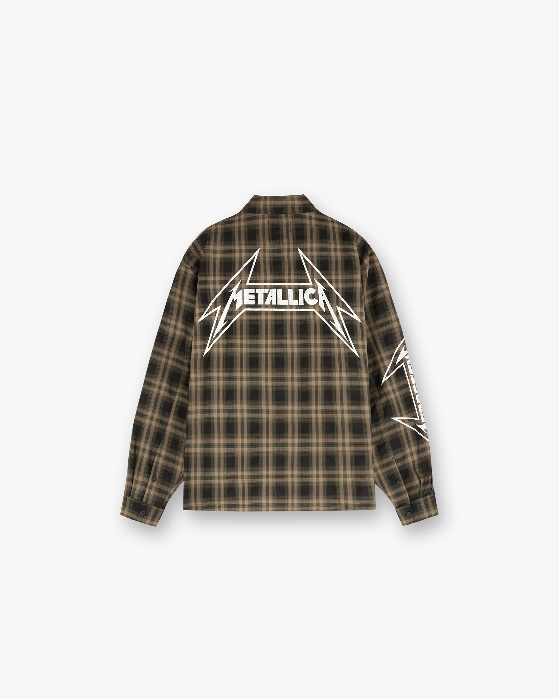 Back product image of a mens brown flannel shirt on a plain white background | Represent X Metallica Flannel Shirt in Tobacco | Flannel shirt with cracked Metallica logo and chest pockets | SS24 Shirts | Represent Clo