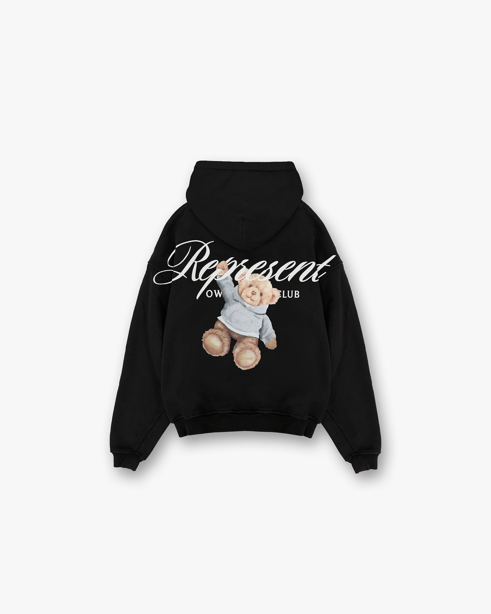Back product image of a mens black hoodie on a plain white background | Represent X Harrods Bear Owners Club Hoodie in Jet Black | Heavy weight cotton oversized hoodie with Harrods bear graphic and gold detailing | Exclusives Hoodies | Represent Clo