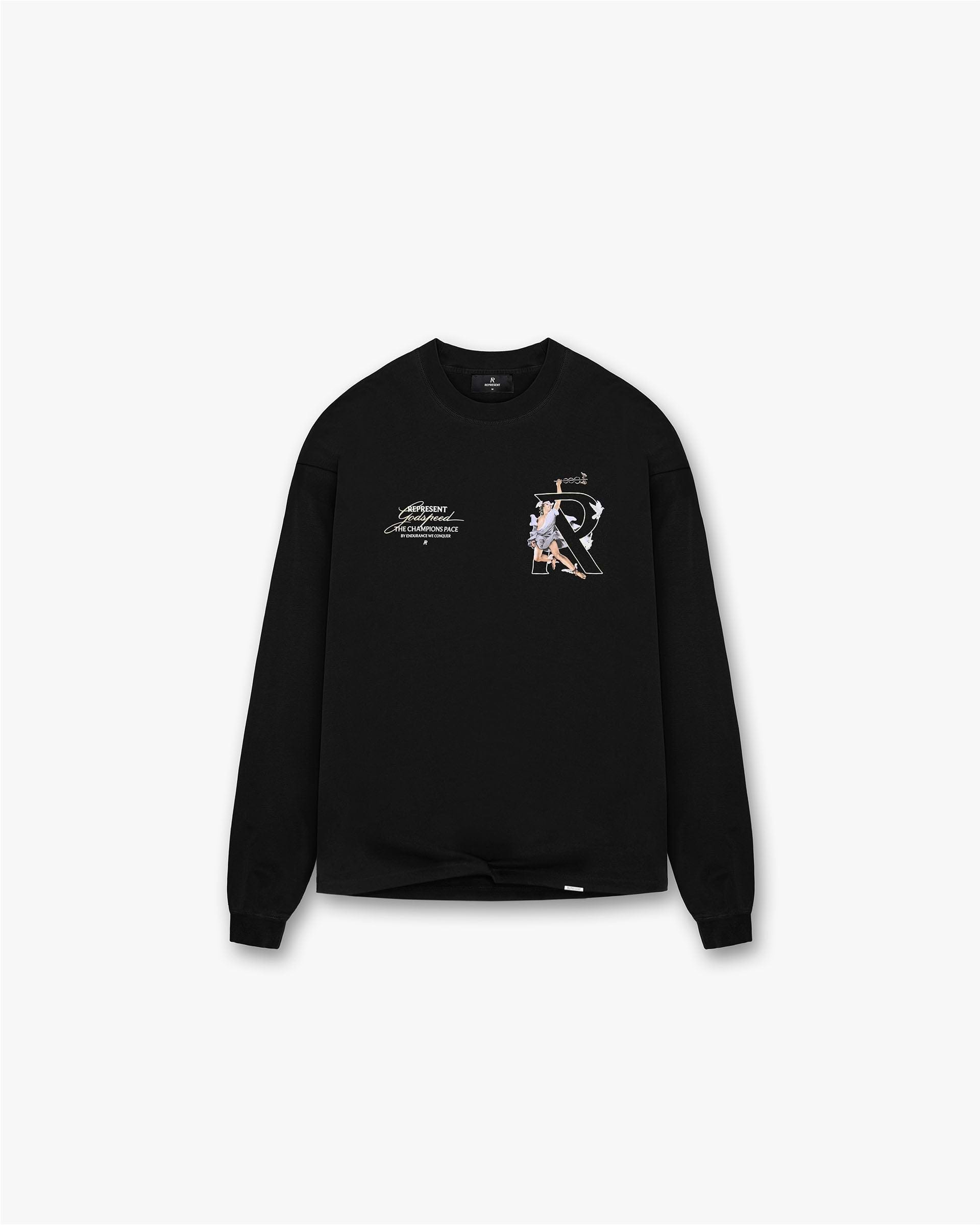 Front product image of a mens black long sleeve t-shirt on a plain white background | Hermes Long Sleeve T-Shirt in Jet Black | Long sleeve t-shirt with classic design | FW24 T-Shirts | Represent Clo