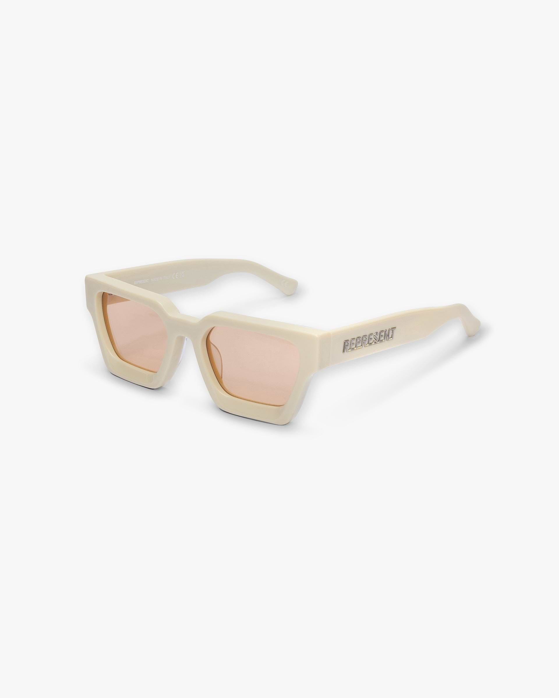 Back product image of mens off white sunglasses on a plain white background | Represent California Sunglasses in Off White | Structured frames with tinted lenses | SS24 Accessories | Represent Clo