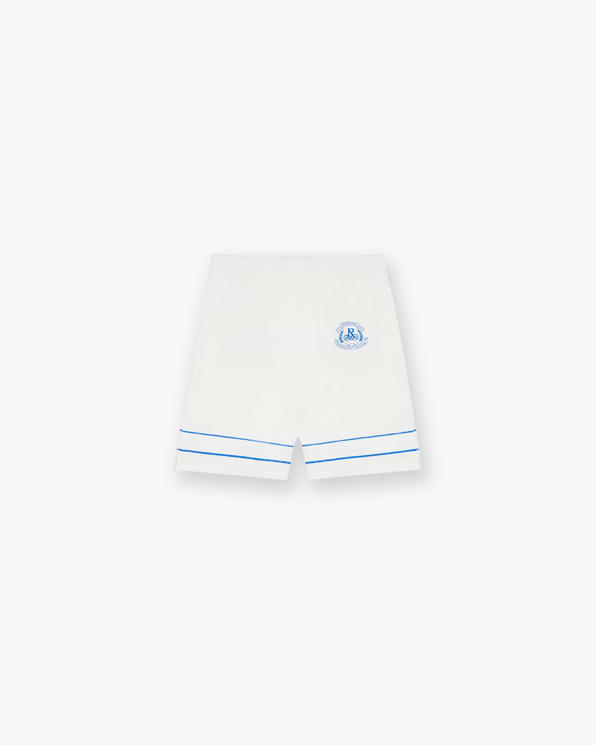 Back product image of mens white shorts on a plain white background | Permanent Vacation Short in Flat White | Relaxed fit shorts with elasticated waistband and drawcord | SC24 Shorts | Represent Clo