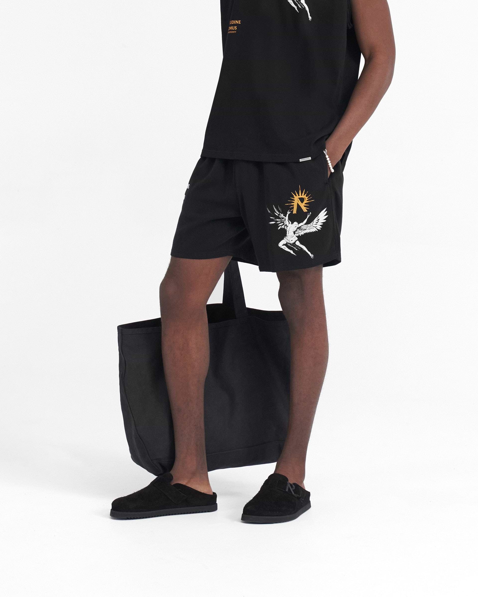 Back product image of mens black shorts on a plain white background | Icarus Short in Black | Shorts with elasticated waistband and drawcord | SS24 Shorts | Represent Clo