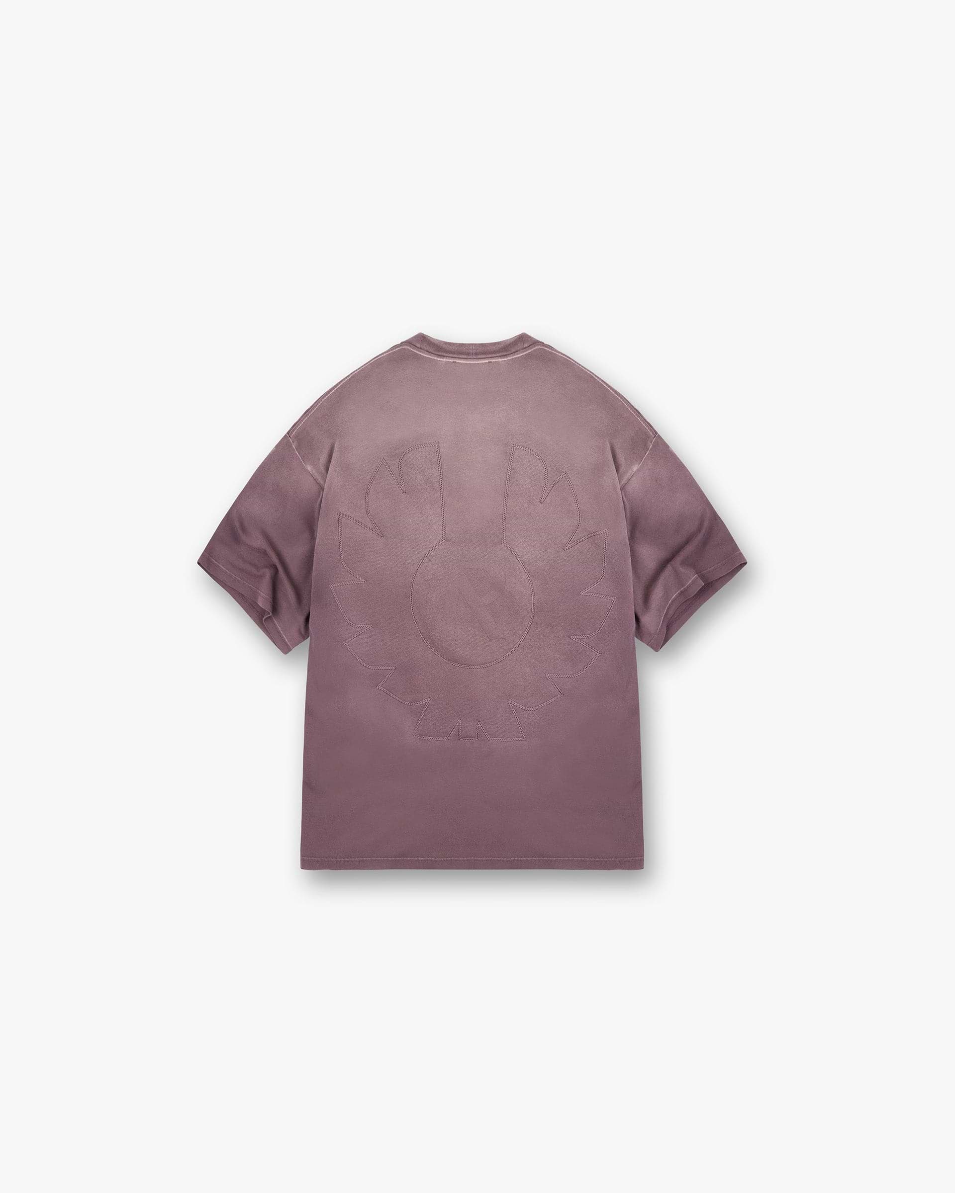 Back product image of a mens plum t-shirt on a plain white background | Represent X Belstaff Outline Phoenix T-Shirt in Plum | Oversized t-shirt with stylised Initial and Phoenix logos | Exclusives T-Shirts | Represent Clo