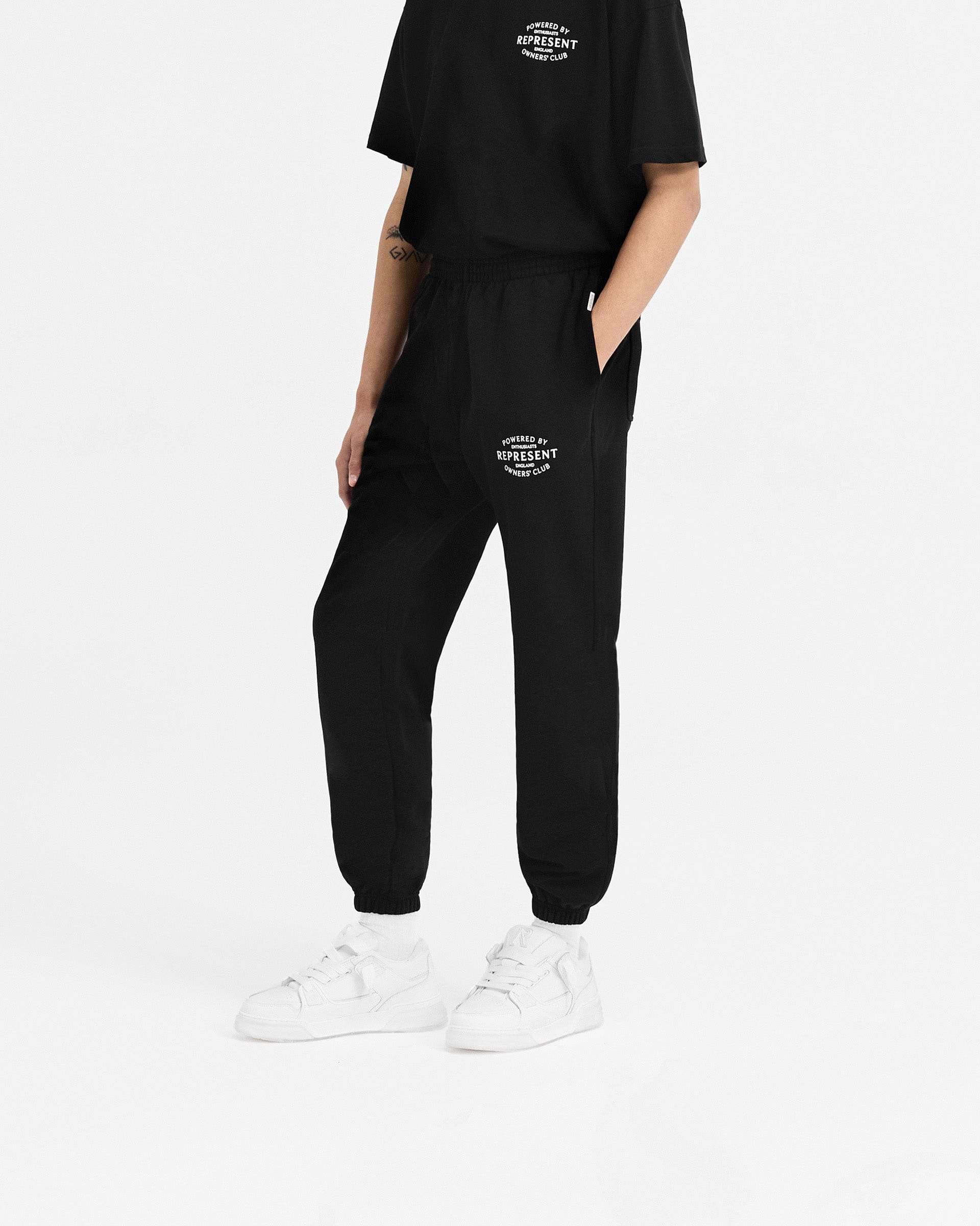 Back product image of mens black sweatpants on a plain white background | Represent Owners Club Stamp Sweatpant in Jet Black | Heavy weight jersey cotton sweatpants with elasticated waistband | Owners Club Pants | Represent Clo