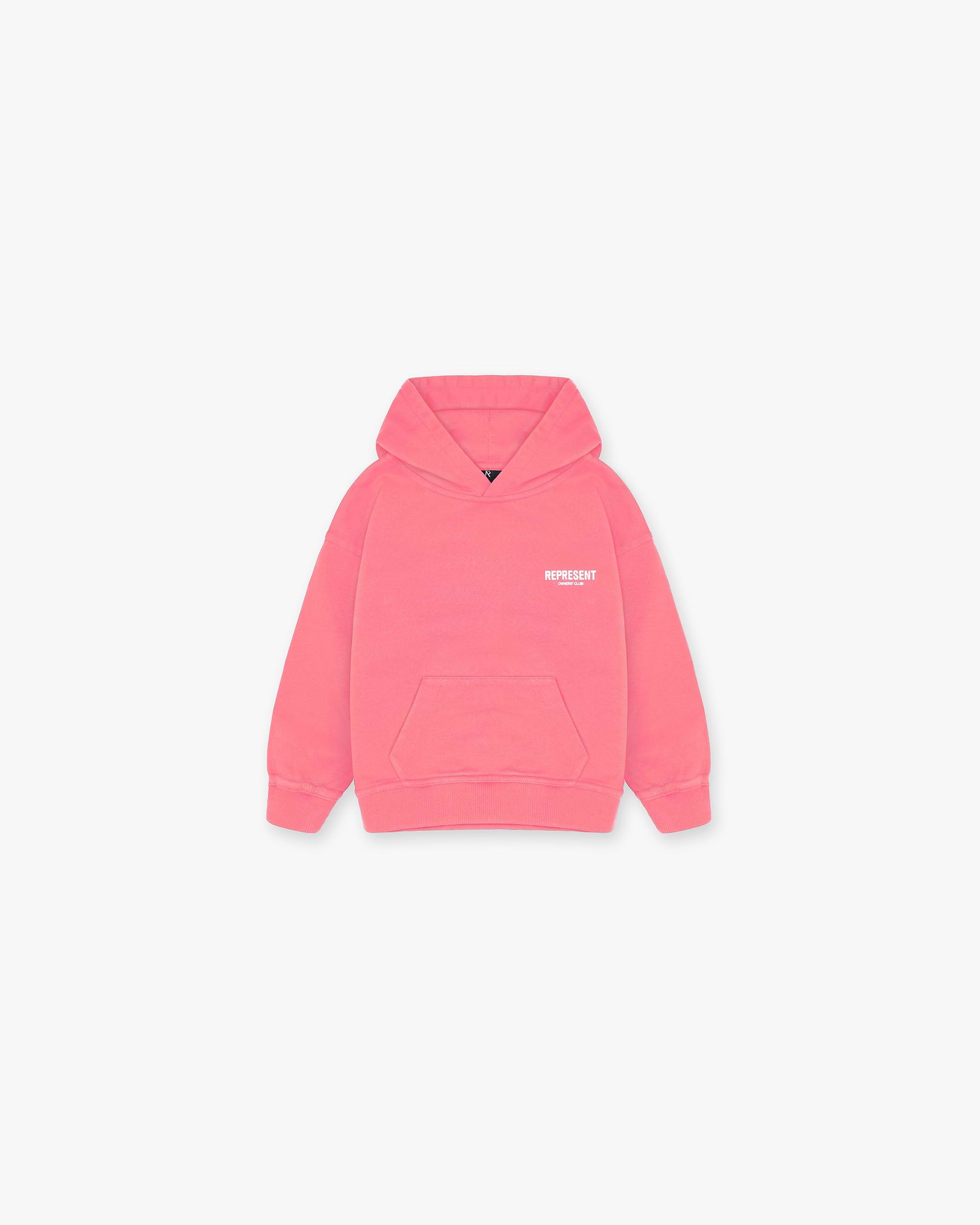 Back product image of a kids pink hoodie on a plain white background | Represent Mini Owners Club Hoodie in Bubblegum Pink | Kids slightly oversized fit hoodie with screen printed graphic | Mini Owners Club Hoodies | Represent Clo