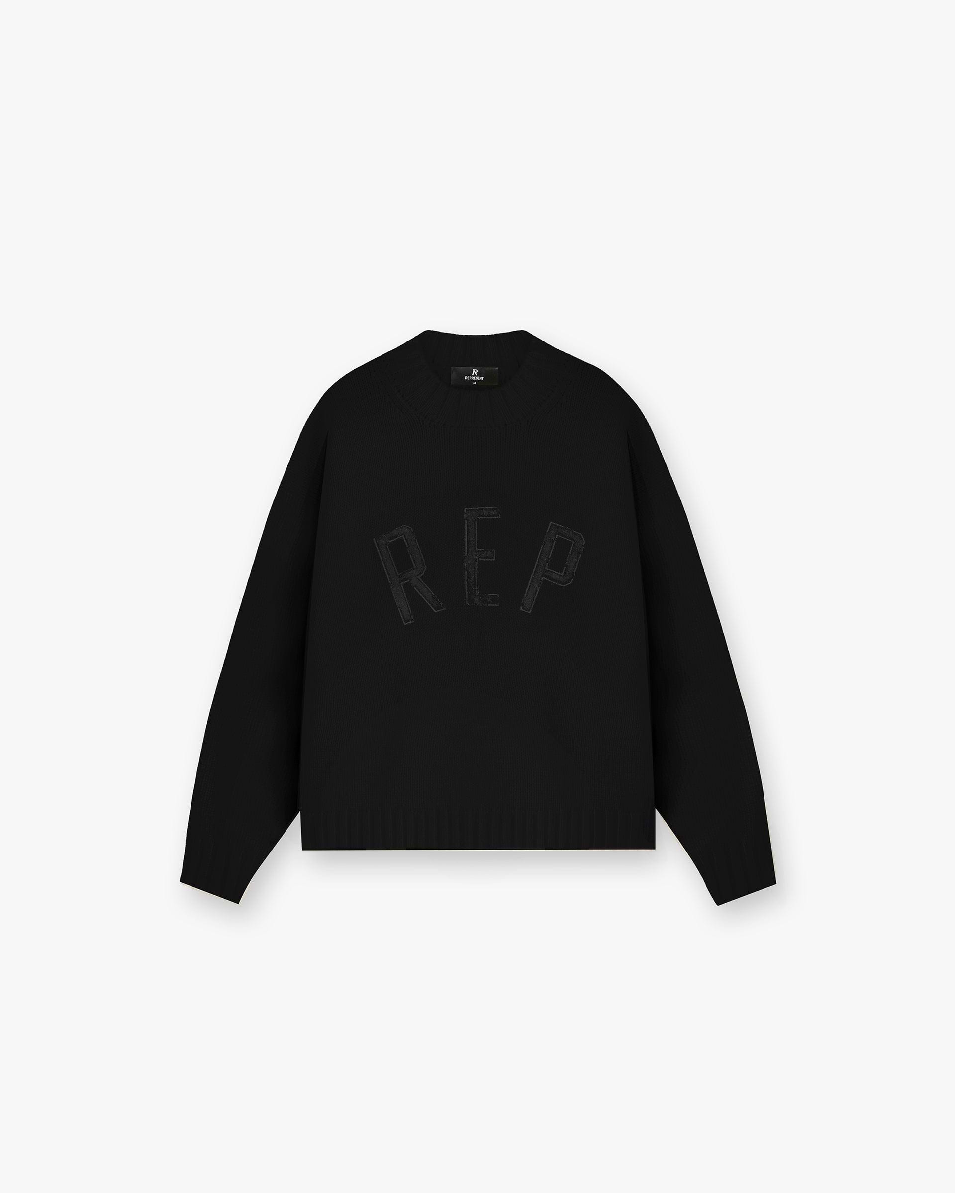 Front product image of a mens black jumper on a plain white background | Rep Knit Jumper in Black | Slim fit knitwear jumper | FW24 Knitwear | Represent Clo