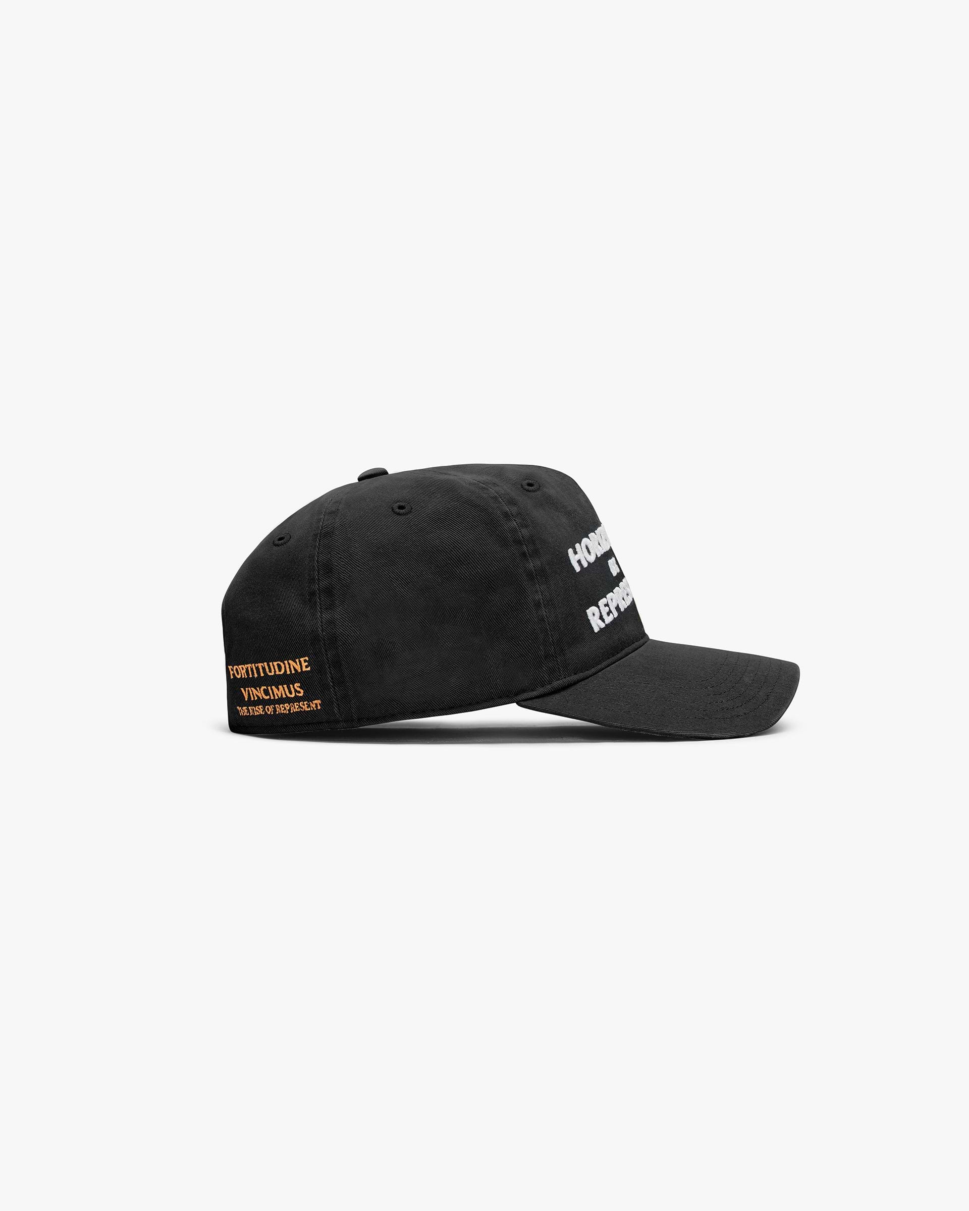Back product image of a mens black cap on a plain white background | Horizons Cap in Black | Unstructured trucker cap with embroidery and snapback adjuster | SS24 Accessories | Represent Clo