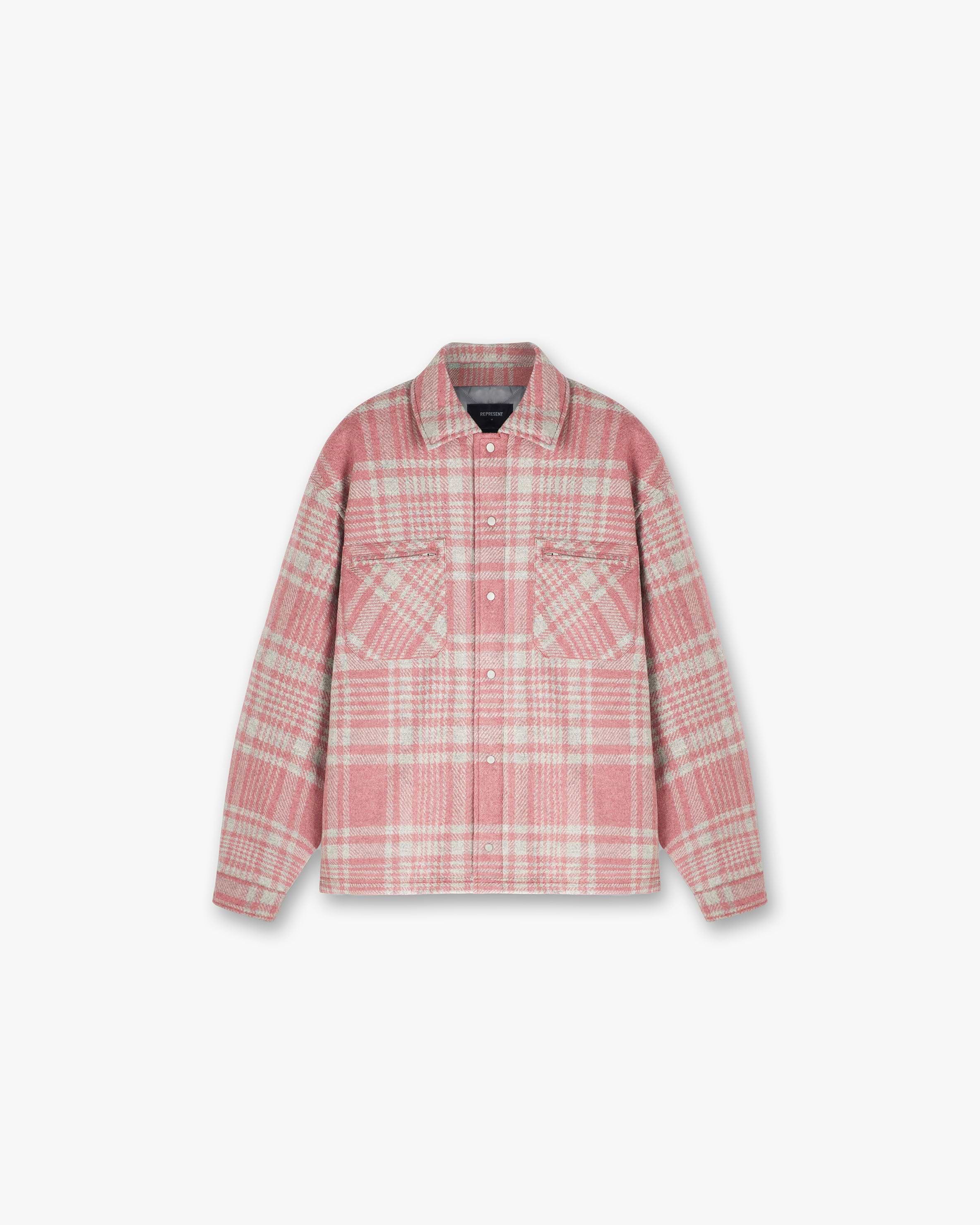 Front product image of a mens pink and grey check flannel shirt on a plain white background | Quilted Flannel Shirt in Pink Grey Check | Quilted check shirt with luxury heavyweight cotton | PRE SS24 Shirts | Represent Clo