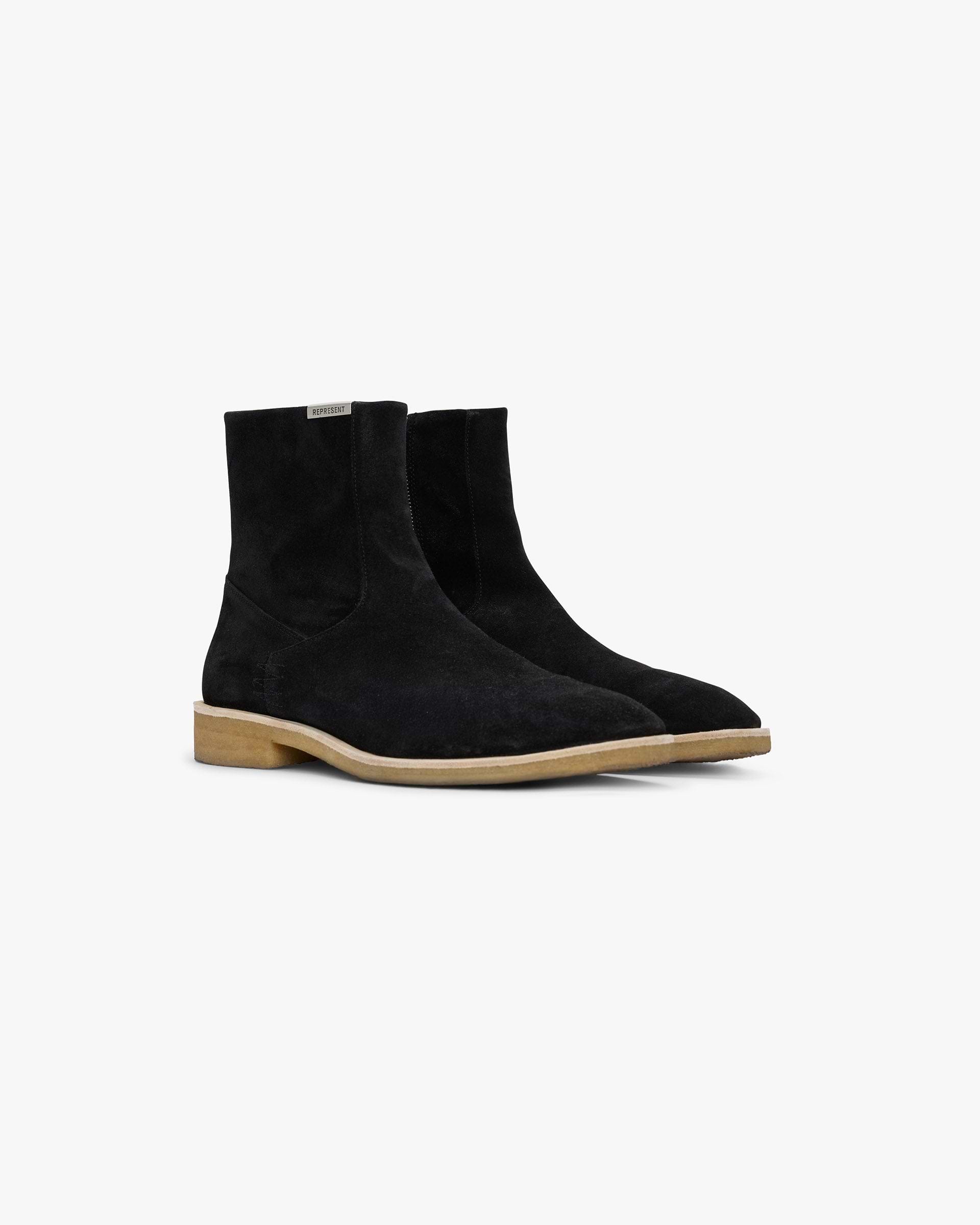 Back product image of a mens black Chelsea boot on a plain white background | Crepe Chelsea Boot in Black | Soft suede upper with signature zig zag stitching | SS25 Footwear | Represent Clo