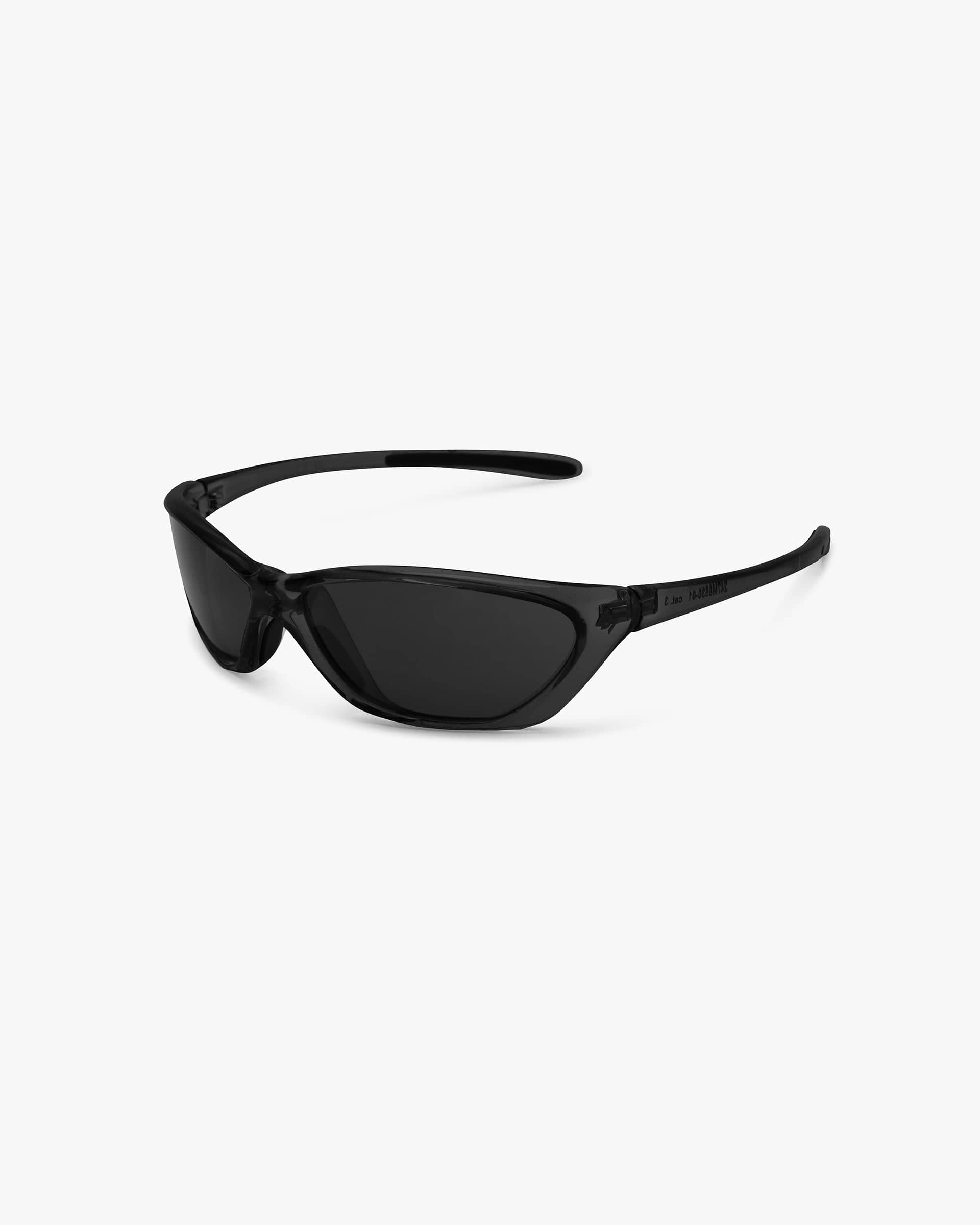 Back product image of black sunglasses on a plain white background | 247 Arena Sunglasses in Black | Sunglasses with mirrored lenses and rubberised grip | 247 Accessories | Represent Clo