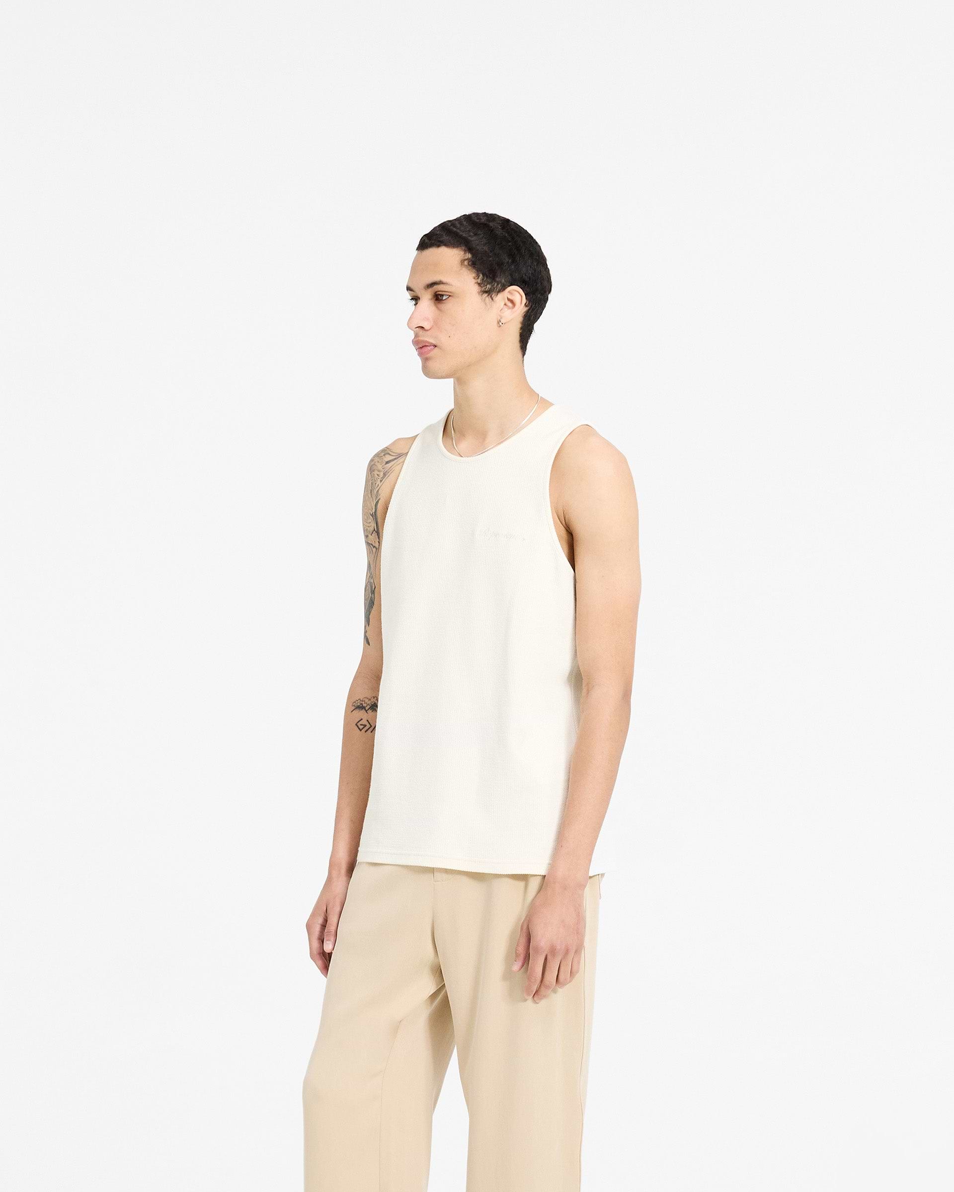 Back product image of a mens white vest on a plain white background | Waffle Vest in Antique White | Regular fit vest with Represent embroidery | SC24 T-Shirts | Represent Clo