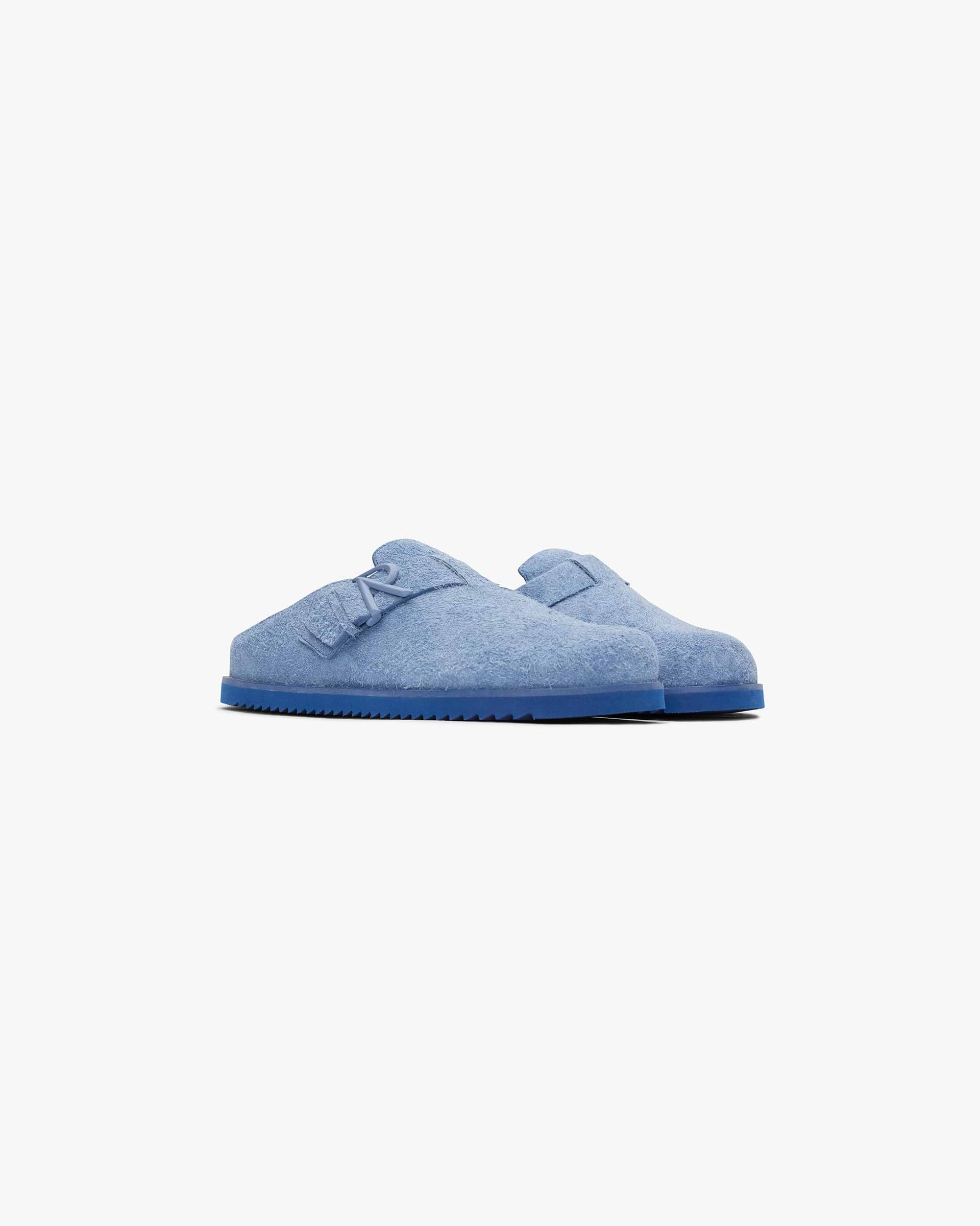 Back product image of mens sky blue mules on a plain white background | Initial Mule in Sky Blue | Mules with hairy suede uppers and deep heel cup | SS24 Footwear | Represent Clo