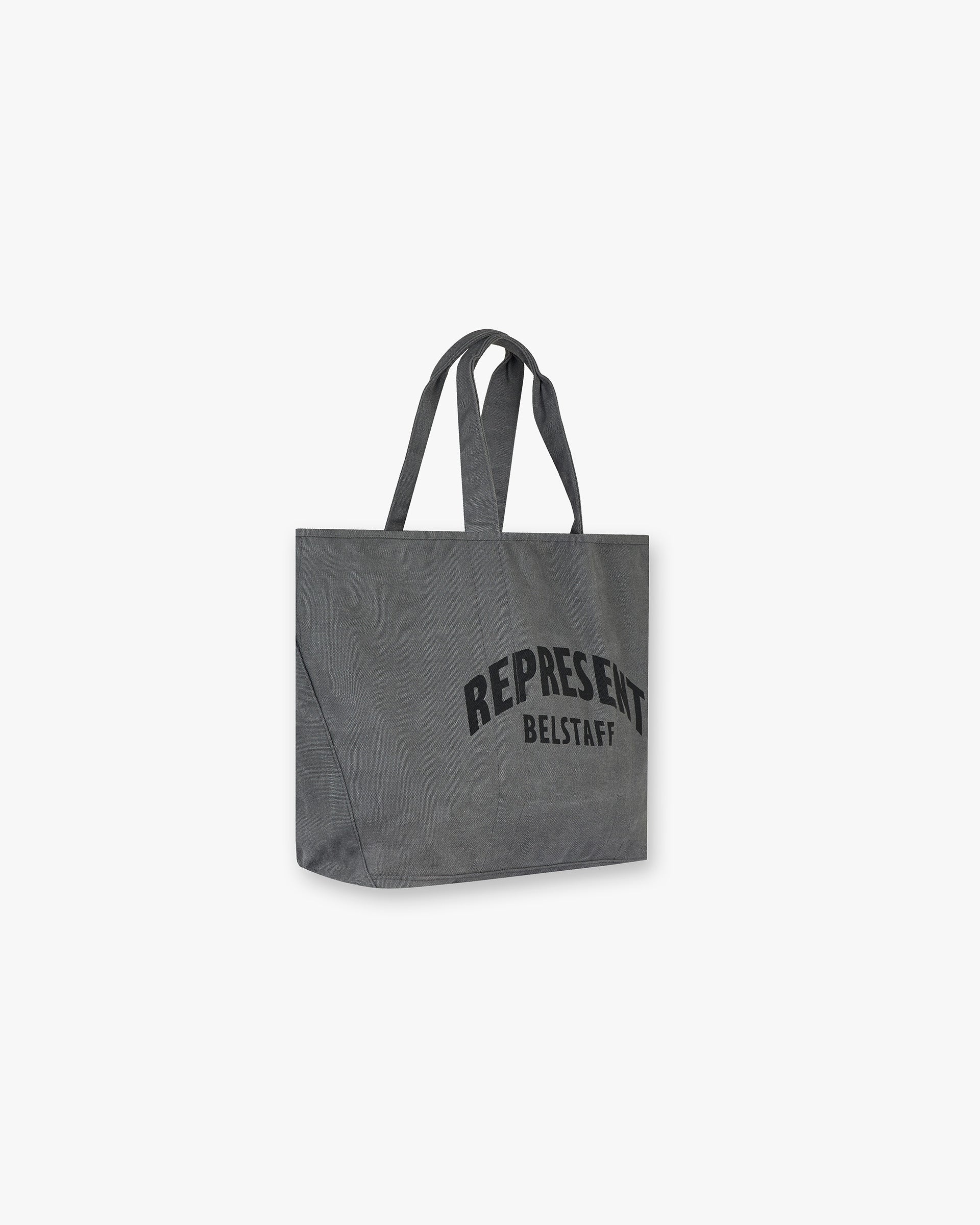 Back product image of a mens grey woven bag on a plain white background | Represent X Belstaff Woven Bag in Shadow | Tote style cotton canvas bag | Exclusives Accessories | Represent Clo