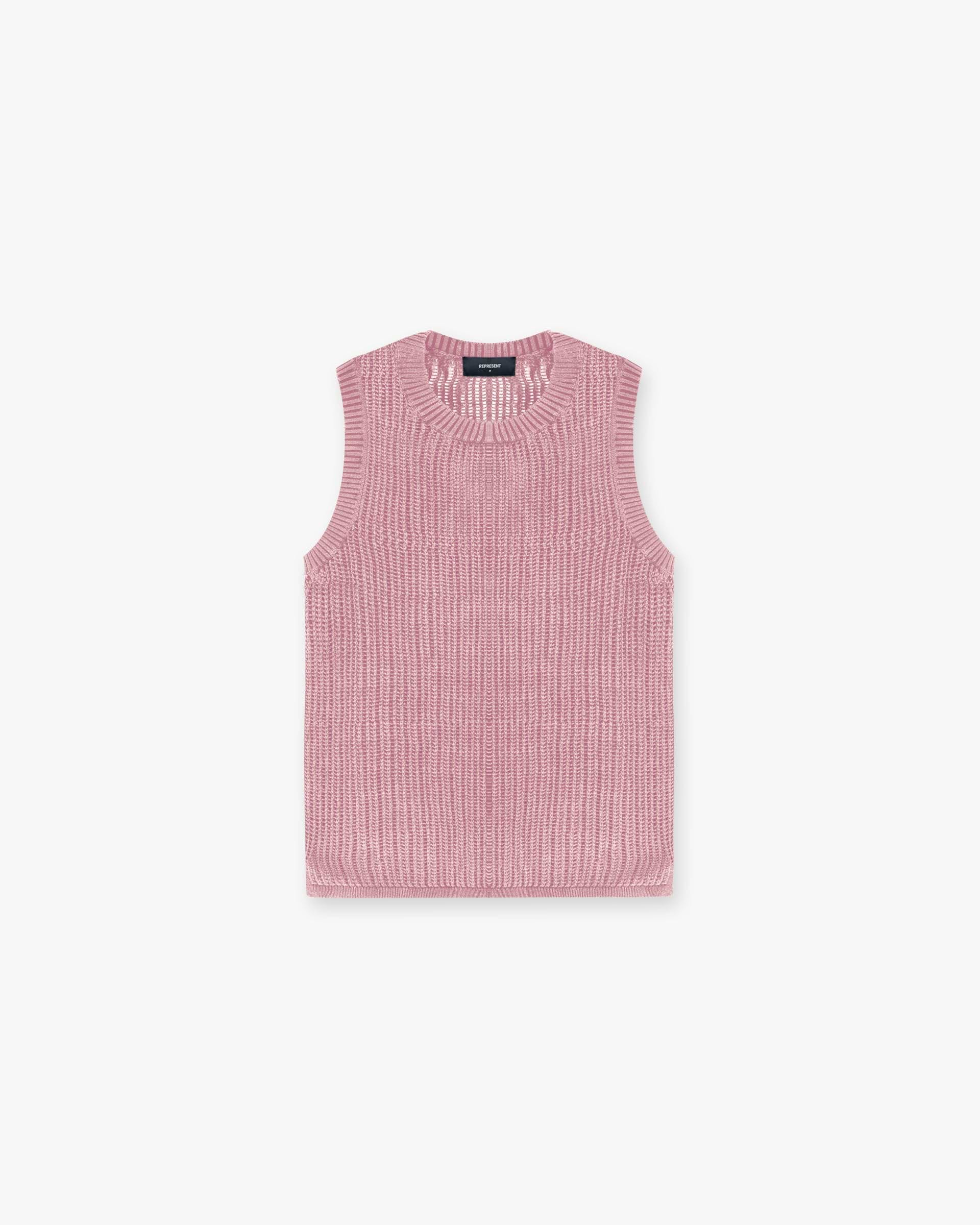 Front product image of a mens yellow knit vest on a plain white background | Washed Knit Vest in Sunrise | Knit vest with vintage wash | SS24 Knitwear | Represent Clo