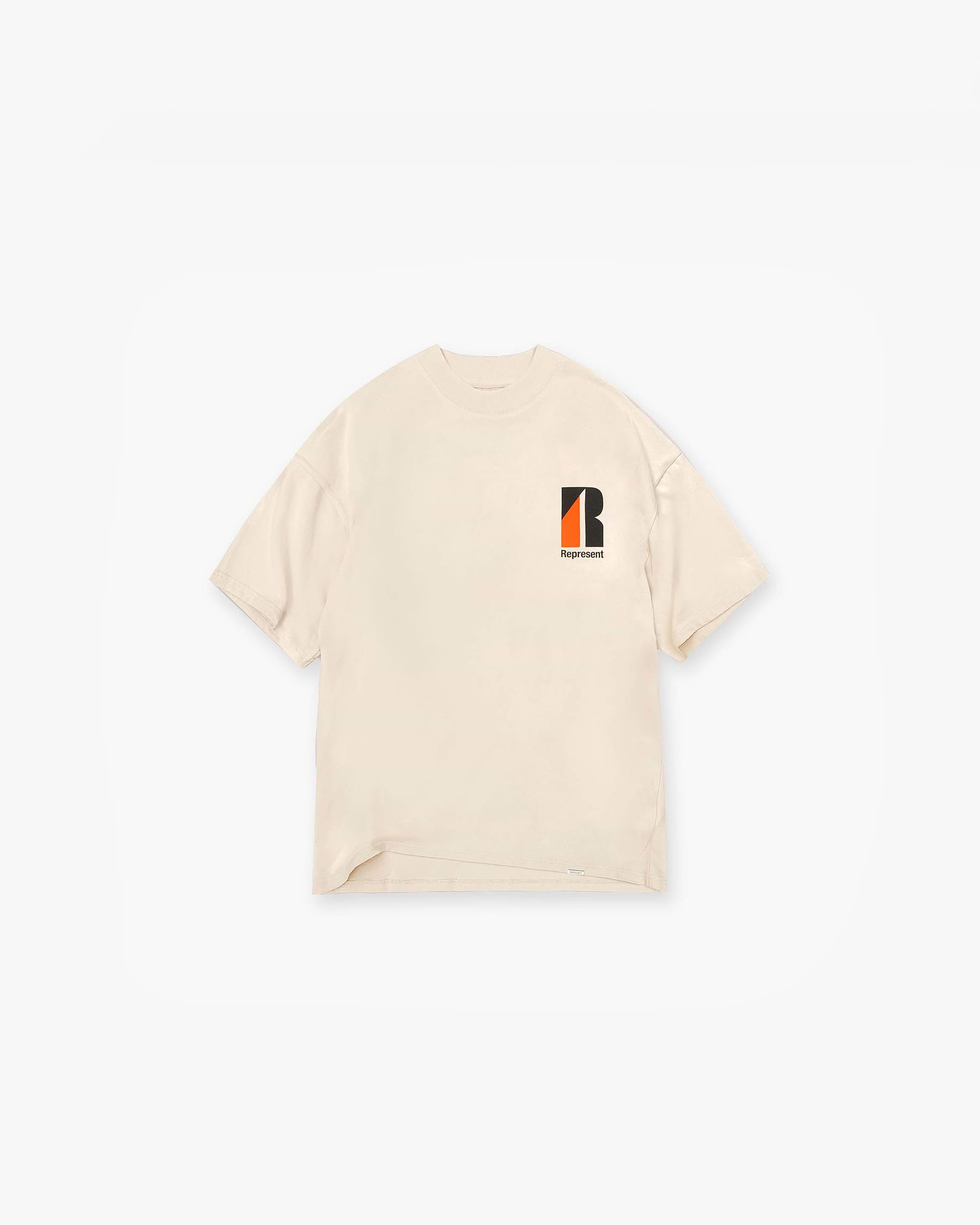 Front product image of a mens cream t-shirt on a plain white background | Decade Of Speed T-Shirt in Cream | T-shirt with luxury design | SS23 T-Shirts | Represent Clo
