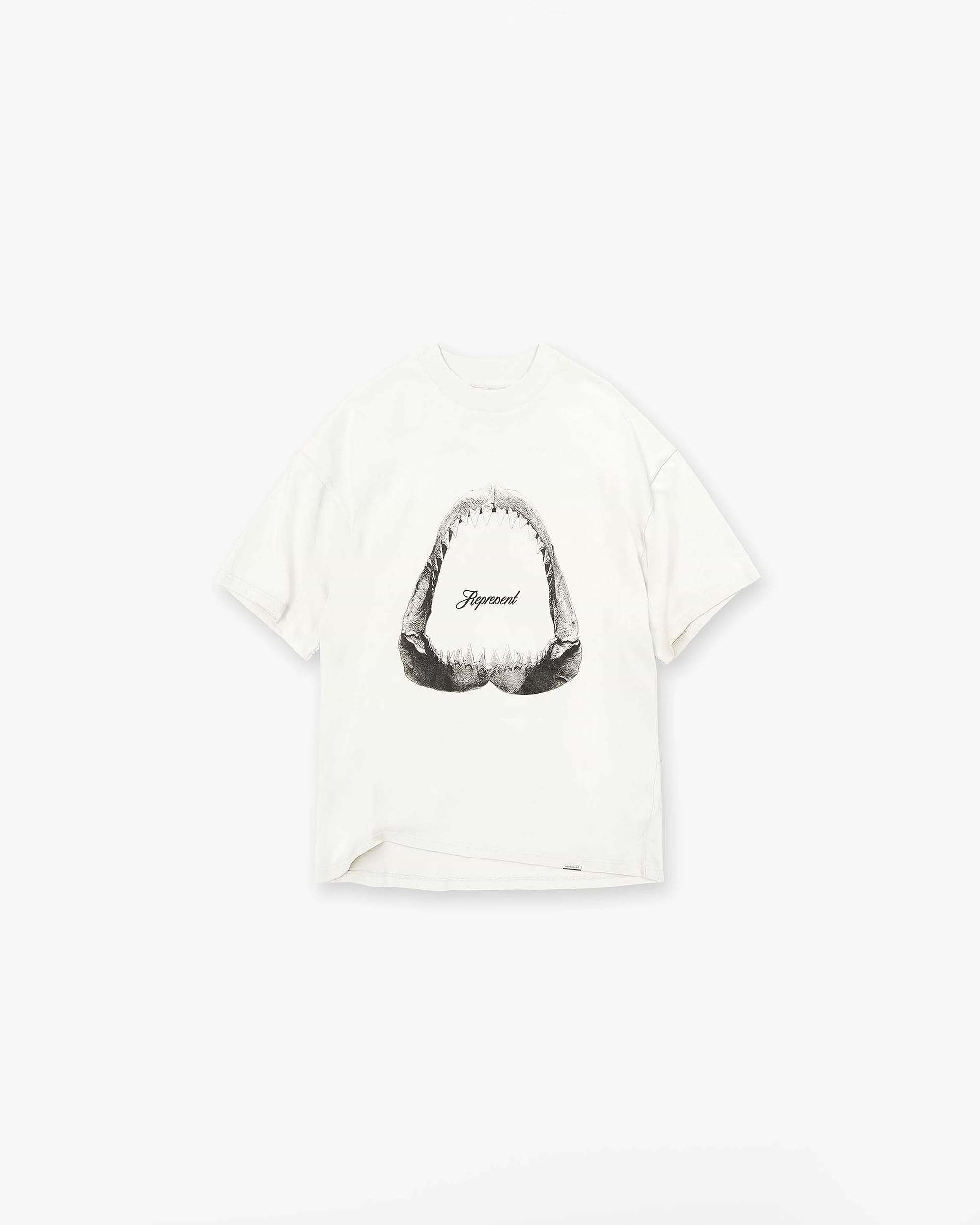 Front product image of a mens white t-shirt on a plain white background | Shark Jaws T-Shirt in Flat White | Slim fit t-shirt with graphic design | SS23 T-Shirts | Represent Clo