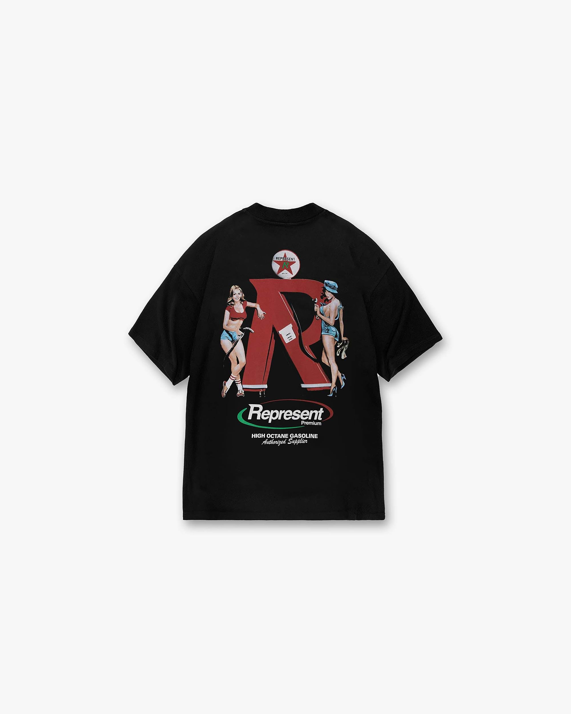 Back product image of a mens black t-shirt on a plain white background | Represent Premium T-Shirt in Off Black | Graphic t-shirt with ribbed crewneck and oversized fit | SS23 T-Shirts | Represent Clo