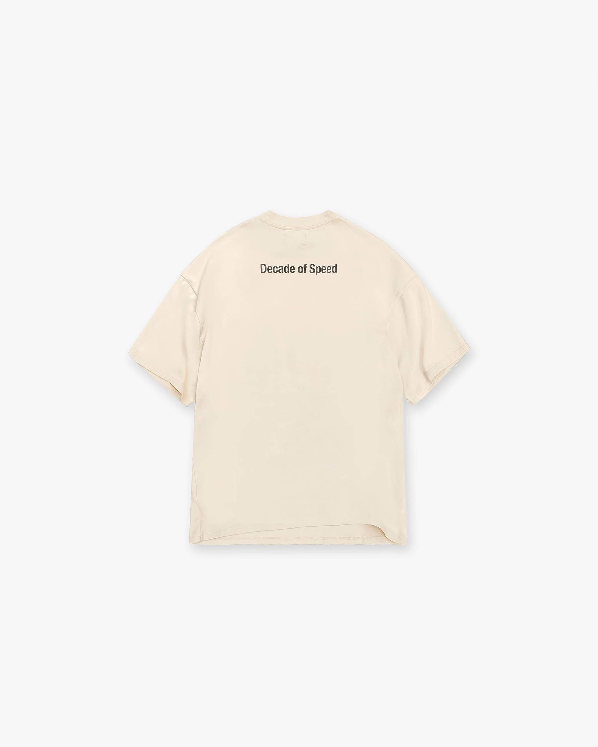 Back product image of a mens cream t-shirt on a plain white background | Decade Of Speed T-Shirt in Cream | Oversized graphic t-shirt with motif | SS23 T-Shirts | Represent Clo