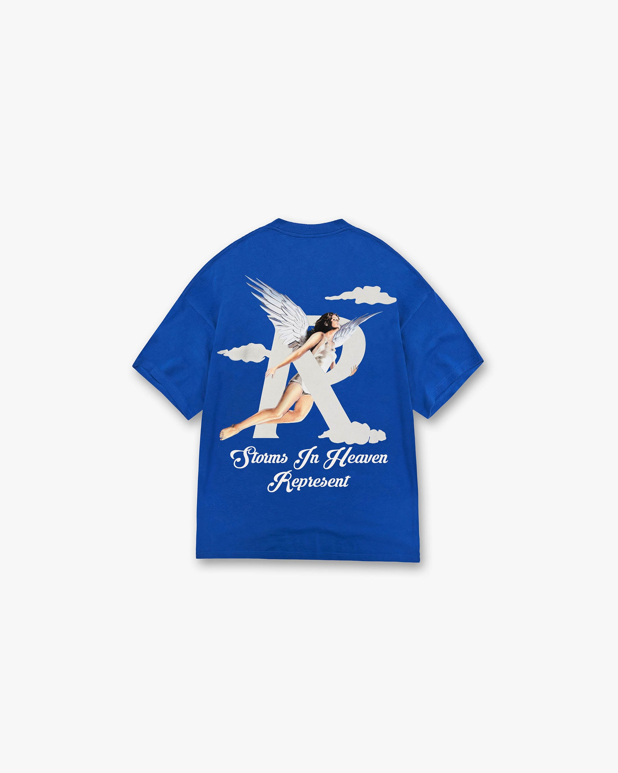 Back product image of a mens blue t-shirt on a plain white background | Storms In Heaven T-Shirt in Cobalt | Oversized fit t-shirt with back graphic | SS23 T-Shirts | Represent Clo