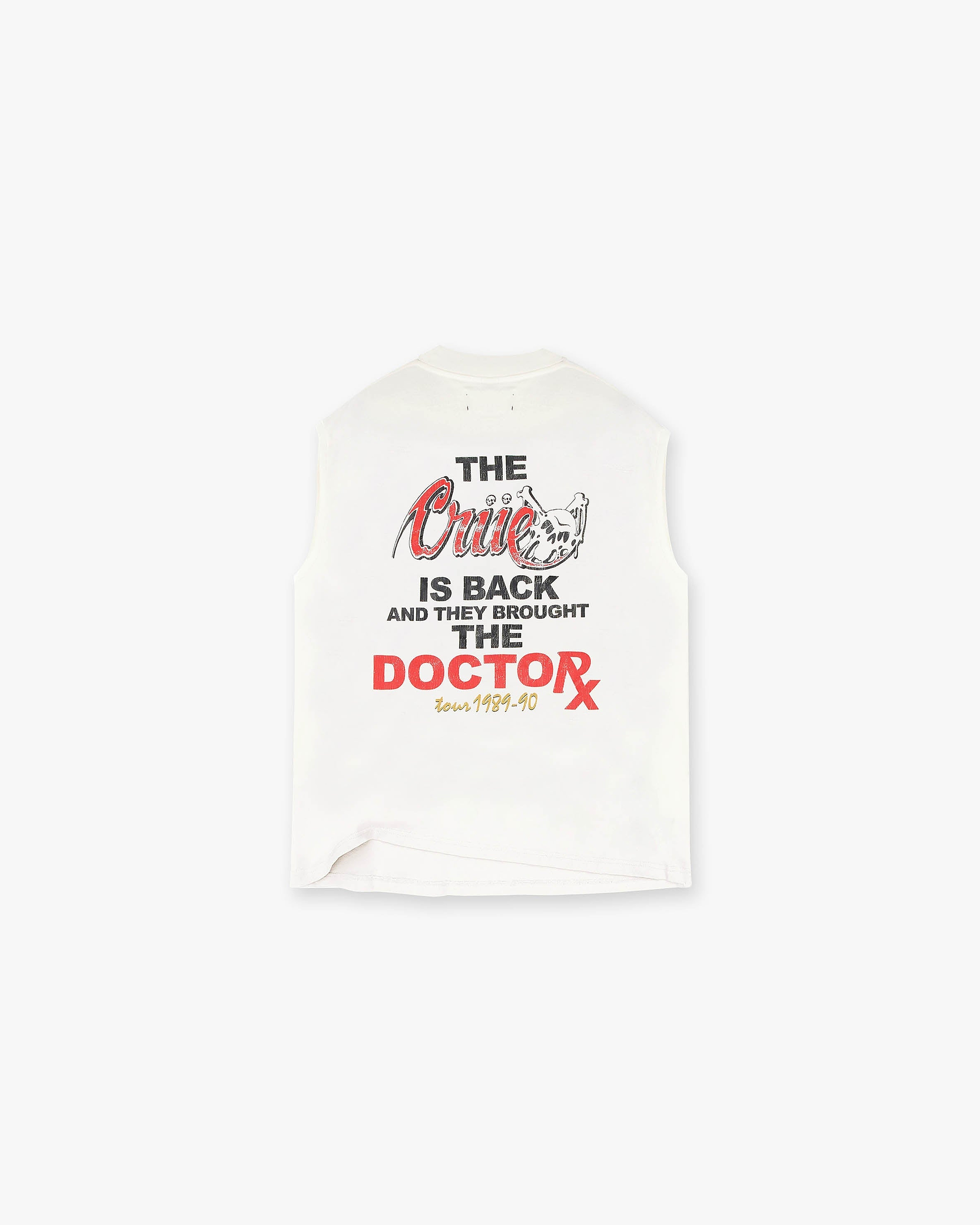 Back product image of a mens white tank top on a plain white background | Represent x Mötley Crüe Dr Feelgood Tank in Flat White | Graphic tank top with cracked graphics and distressed details | SS23 T-Shirts | Represent Clo