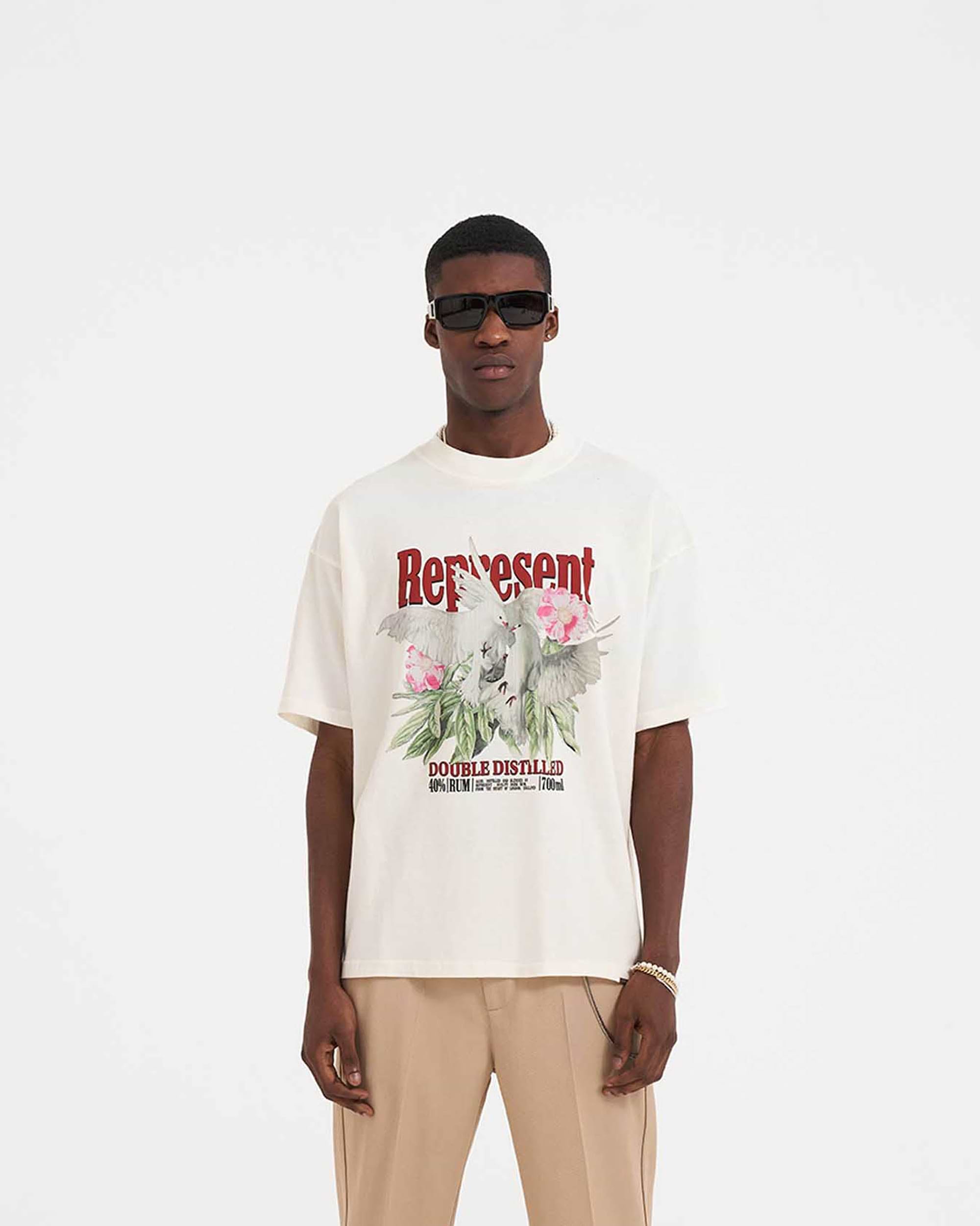 Back product image of a mens white t-shirt on a plain white background | Double Distilled T-Shirt in Flat White | Oversized fit t-shirt with ribbed crewneck | SS23 T-Shirts | Represent Clo